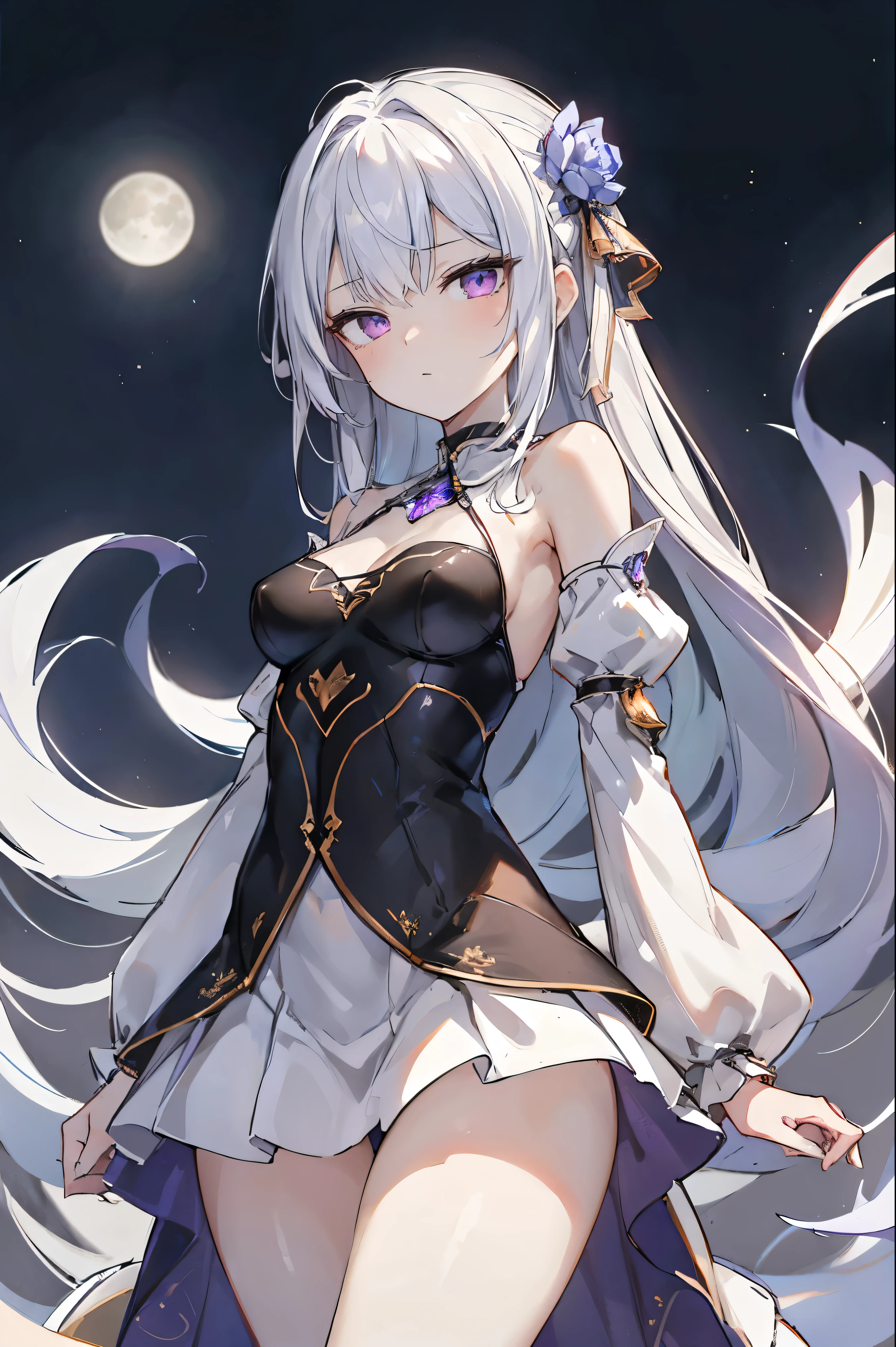 1girl, anime, cute girl, blank background, white background, fantasy, detailed fantasy dress with highlights, beautiful face, beautiful eyes, dark colors, black hair with multicolor streaks, red eye with different color pupil in eye, multicolor eye, medium , slight cleavagiful skin, cute, breast curtainsemely delicate and beautiful, (beautiful detailed face:1.0), (detailed deep eyes), symmetrical breasts, deep eyes, sin, portrait, slender waist, hips wider than shoulders, thighs, expressionless, young girl, luminous eyes, adorable,(Kpop idol),(aegyo sal:1),(Platinum blonde hair:1),((puffy eye)),Black panty,sexyture,Superskirt, Uhigh rution,Black collar,slim figure, Abdominal y tattoo, womb tattoo,Tight-fitting leg ring,y tattn half-body,Bare skin, Armored hand,Hidden fingertips,Hand covered,Arm covered,Fist covered,{{beautiful detailed fingers}}, tufts of hair, moderate beautiful breast:1.0,(masterpiece:1.2), best quality, hs, HDR, perfect face, intricate armor, delicate blue filigree, intricate filigree, red metalic parts, detailed part, dynamic pose, dynamic lights, cute face, neutral expression, shuimobysim, lotus, hanfu, maxi skirt, dress conservatively 1girl, solo, long blue hair, standing, One lady,14years,((White hair) ,((Normal breasts)), (Shiny ple bodysuit with microskirt),((F Moon Night))