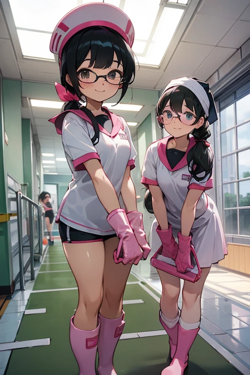 Three elementary school girls with glasses and black hair tied up in short sleeve gym clothes, wearing white rubber boots and large pink rubber gloves, and gym caps on their heads, cleaning the school corridor while smiling.
