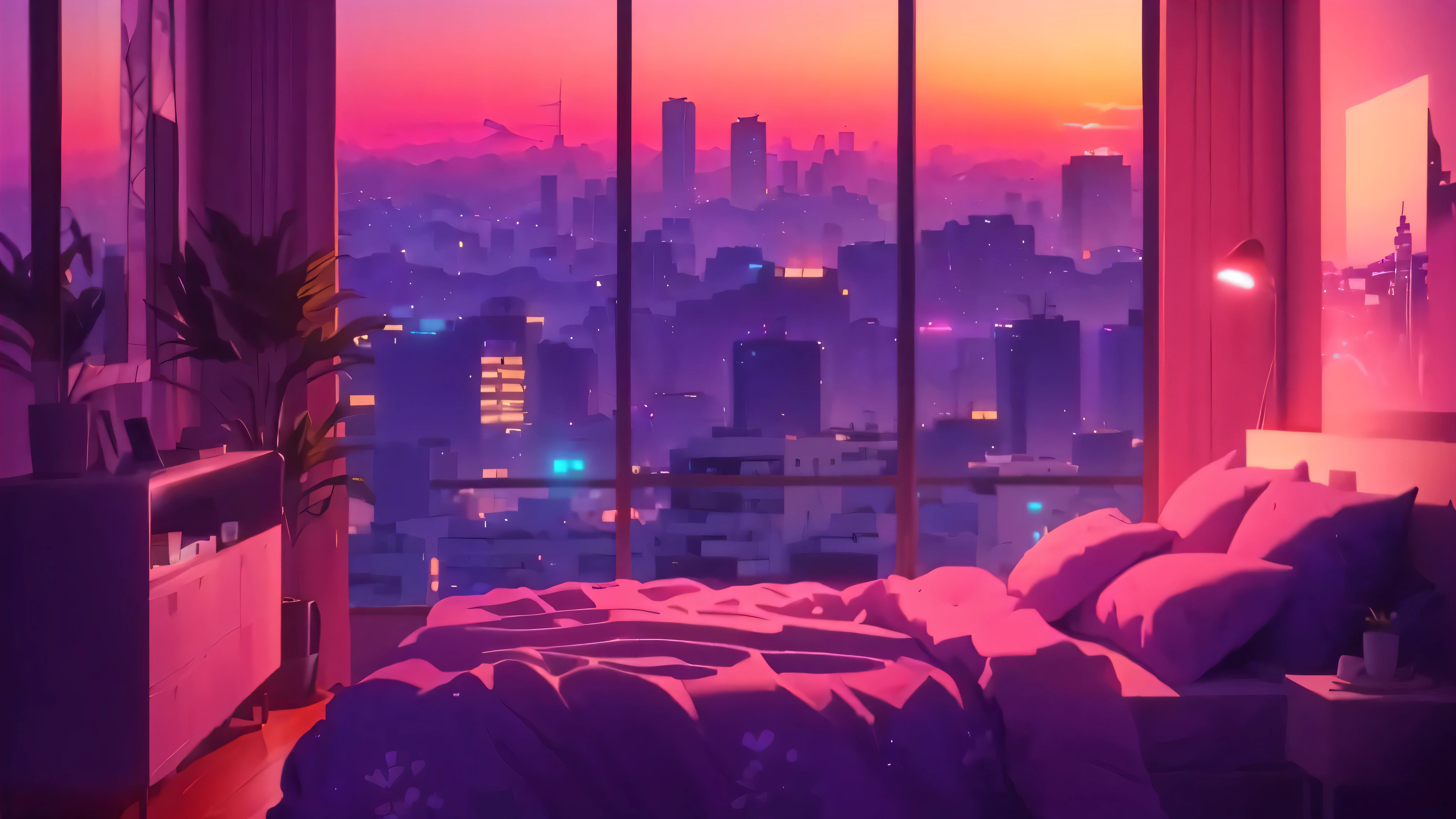 quarto roxo com vista para a cidade, paisagem de Ilya Kuvshinov, fundo do nascer do sol vaporwave, sonho como atmosfera 8k, set on the rooftop of Tokyo, synthwave aesthetic, anime aesthetic, fundo do quarto, lofi aesthetic, wallpaper aesthetics, cidade de ondas de vapor, lofi sente, vaporwave sunset, scenery wallpaper aesthetics, neo tokyo background