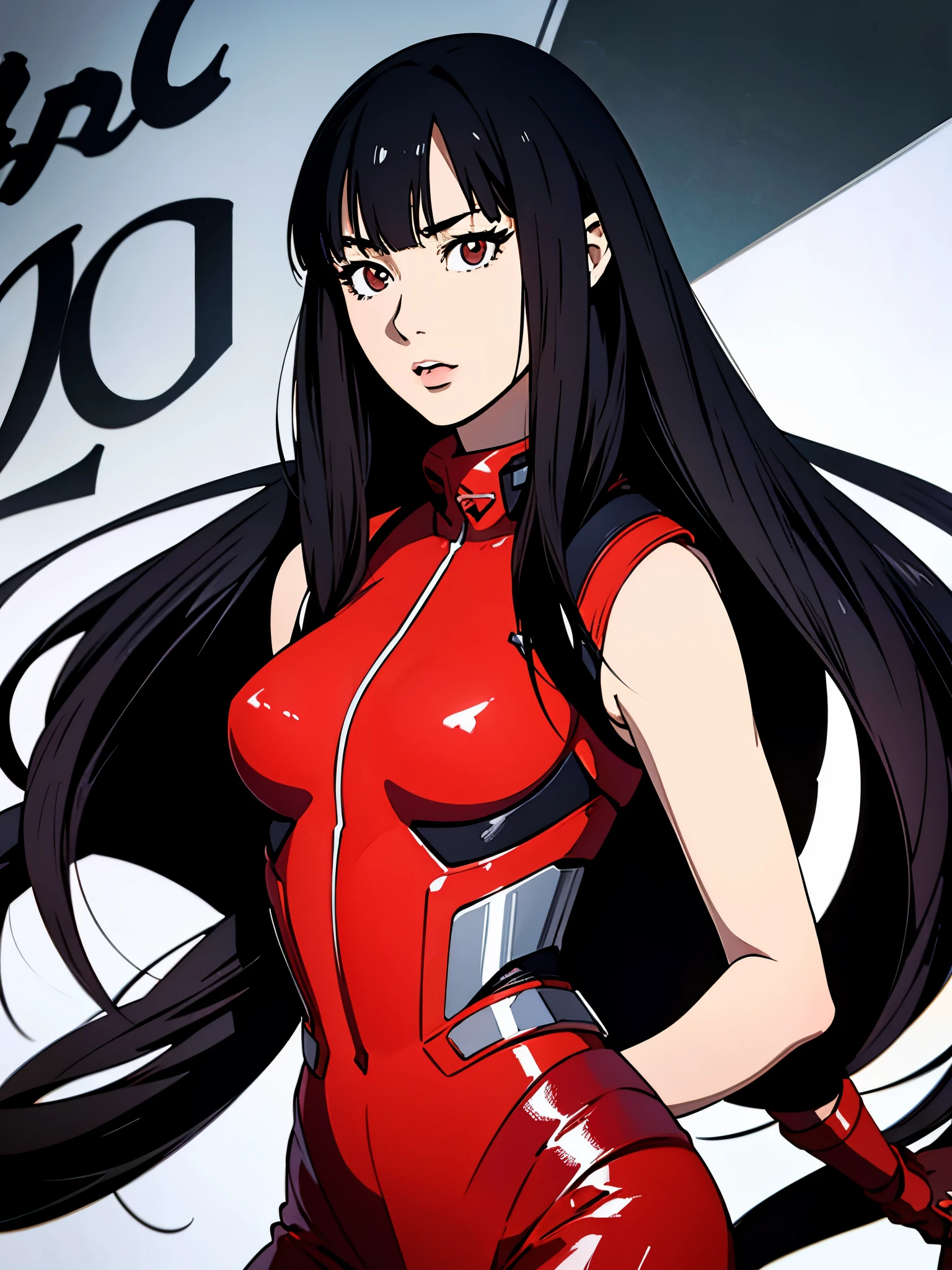 digital art drawing, illustration of (anime girl, long black hair with bangs, brown eyes, flat chest, confident look, black and red latex suit, tactical vest), anime drawing/art, bold linework, illustration, digital art, masterpiece, flat illustration, no shadows, 8k resolution, high detail, vector art, only anime, perfect eyes, perfect hands, perfect fingers, sharpness, high clarity, medium close up, high fidelity
