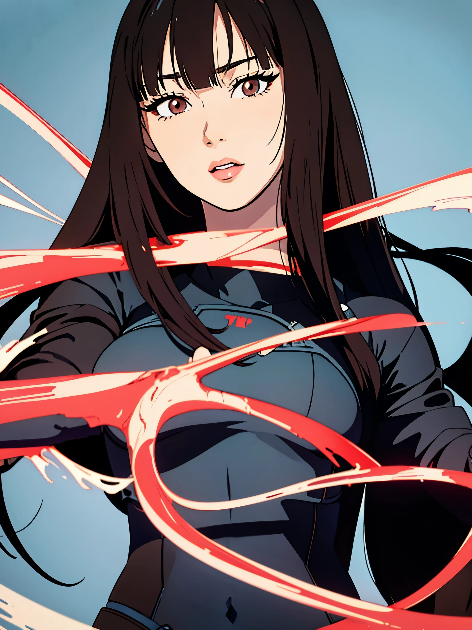 digital art drawing, illustration of (anime girl, long black hair with bangs, brown eyes, flat chest, confident look, black and red latex suit, tactical vest), anime drawing/art, bold linework, illustration, digital art, masterpiece, flat illustration, no shadows, 8k resolution, high detail, vector art, only anime, perfect eyes, perfect hands, perfect fingers, sharpness, high clarity, medium close up, high fidelity
