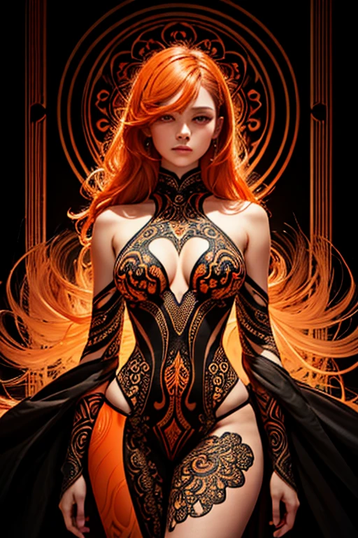 A digital artwork of a female figure. She is adorned with intricate patterns of lines and curves, predominantly in shades of orange and black. The patterns envelop her entire body, creating a mesmerizing visual effect. Her hair is styled in a wavy manner, and her eyes are accentuated with a glowing orange hue. The background is dark, which further emphasizes the vibrant colors of the figure. The bottom right corner of the image contains the text 'Amor'. A striking digital artwork featuring a female figure enveloped in intricate patterns of lines and curves, predominantly in shades of orange and black. The patterns create a mesmerizing visual effect, covering her entire body, and her hair is styled in a wavy, ethereal manner. Her eyes are accentuated with a glowing orange hue, giving a captivating gaze. The background is dark, contrasting with the vibrant colors of the figure. The bottom right corner of the image displays the text 'Amor', adding a touch of mystery to the overall composition.