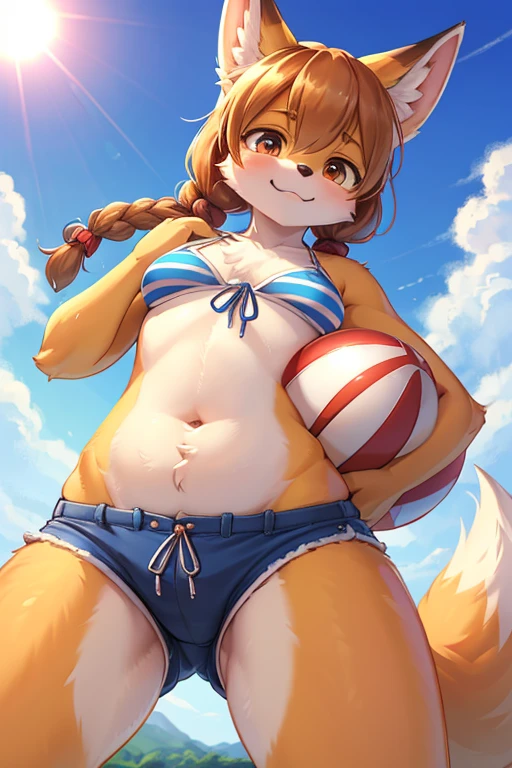 (best quality, high resolution, masterpiece:1.2), unrealistically dynamic perspective, dynamic angle, dynamic model action, realistic furry texture, round face with swollen cheeks, beautifully moist round eyes, hair tied up, stature, shorts, one girl, holding a ball, with a fox tail and animal ears, wearing a striped bikini swimsuit, enjoying the sun alone.