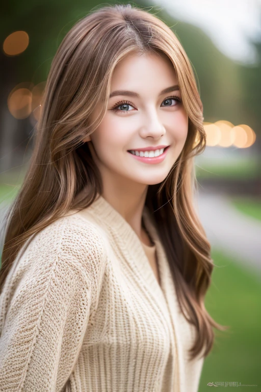 ((highest quality)), ((masterpiece)), (detailed), Perfect Face、Perfect body、Light brown hair、Beautiful Skin、On a date、Russian Beauty、Smiling face