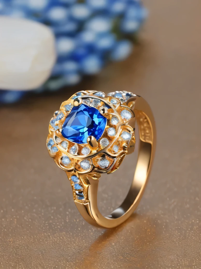 ((masterpiece、highest quality、Very detailed、High resolution、Photorealistic、Sharp focus、Cinema Lighting))、((There is no one))、One ring、Gold and silver rings、Blue Gem、Complex Pattern、Complex and unusual design、Sparkling sapphires decorate this enchanting ring、Beautiful color gradation、Background is marble table surface