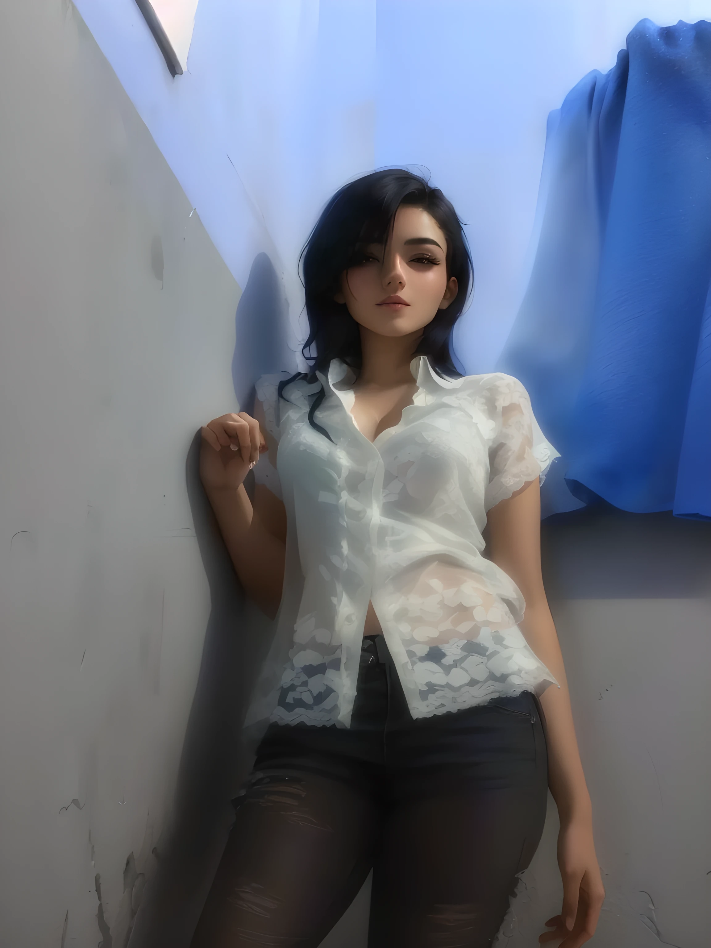 arafed woman leaning against a wall with a blue curtain, with lovely look, photo of slim girl, with short hair, student, with long hair, 18 years old, in white clothes, wearing in shirt, wearing a lingerie, woman model, with black hair, real ungine, picture, old picture, 2 , handsome girl
