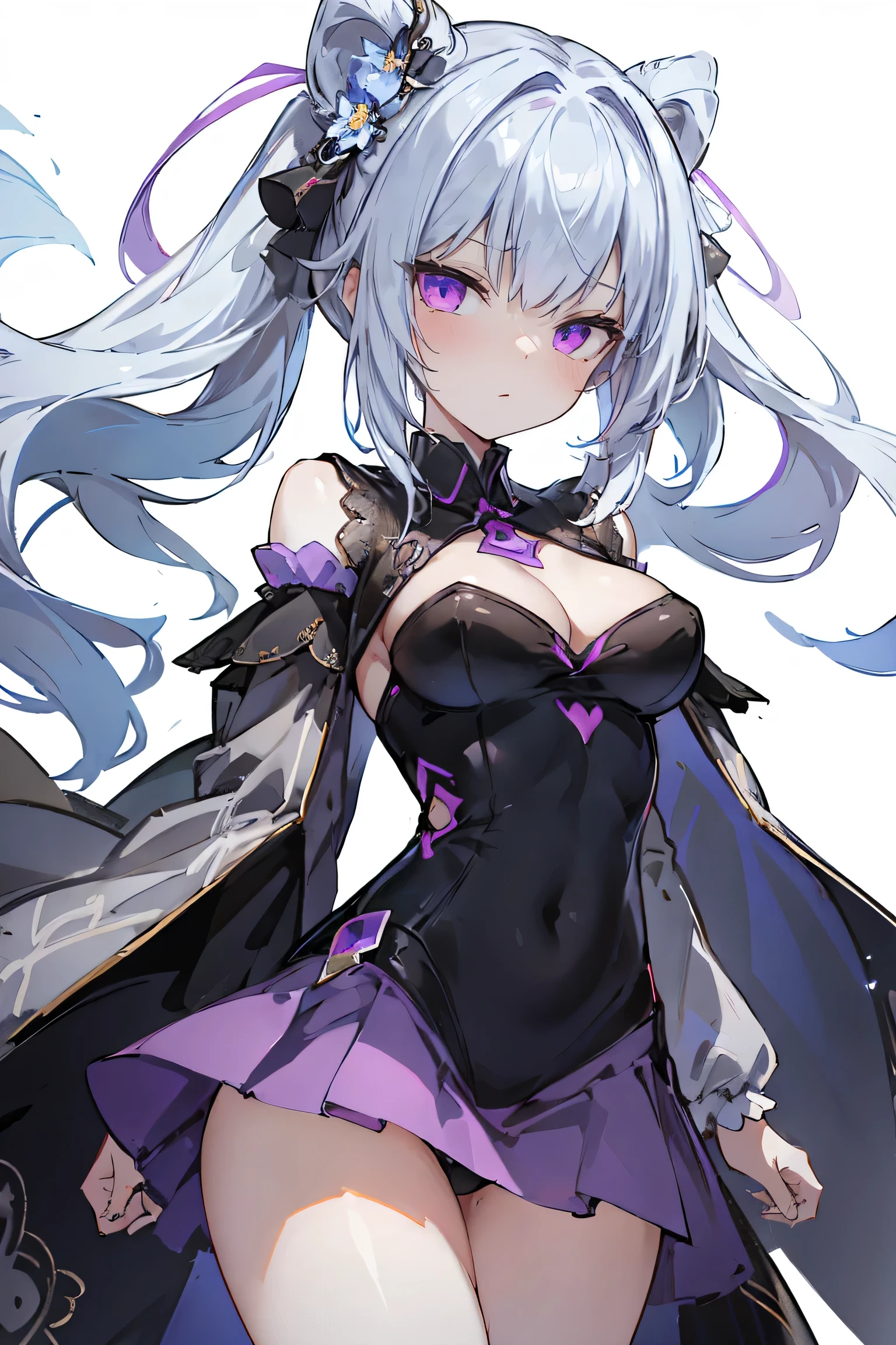 1girl, anime, cute girl, blank background, white background, fantasy, detailed fantasy dress with highlights, beautiful face, beautiful eyes, dark colors, black hair with multicolor streaks, red eye with different color pupil in eye, multicolor eye, medium breasts, slight cleavage, beautiful skin, cute, breast curtains, extremely delicate and beautiful, (beautiful detailed face:1.0), (detailed deep eyes), symmetrical breasts, deep eyes, shiny skin, portrait, slender waist, hips wider than shoulders, thighs, expressionless, young girl, luminous eyes, adorable，（Kpop idol）,（aegyo sal：1），（Platinum blonde hair：1），（（puffy eye）），Black panty，sexy posture，Superskirt, Ultra-high resolution，Black collar，slim figure, Abdominal y tattoo, womb tattoo，Tight-fitting leg ring，y tattoo on half-body，Bare skin, Armored hand，Hidden fingertips，Hand covered，Arm covered，Fist covered,{{beautiful detailed fingers}}, tufts of hair, moderate beautiful breast:1.0,(masterpiece:1.2), best quality, high-res, HDR, perfect face, intricate armor, delicate blue filigree, intricate filigree, red metalic parts, detailed part, dynamic pose, dynamic lights, cute face, neutral expression, shuimobysim, lotus, hanfu, maxi skirt, dress conservatively 1girl, solo, long blue hair, standing, One lady,14years,((White hair) ,((Normal breasts)), (Shiny purple bodysuit with microskirt),((Fantasy, Moon Night))