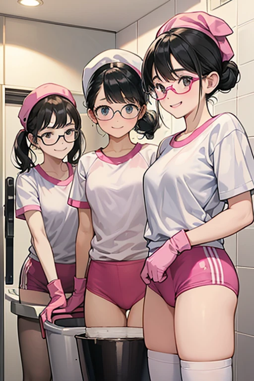 Three elementary school girls with glasses and black hair tied up in short sleeve gym clothes, wearing white rubber boots and large pink rubber gloves, and gym caps on their heads, cleaning the toilet while smiling.