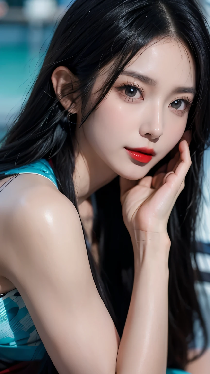 ((best quality)),absurdres,(ultra high res),(photorealistic:1.6), octane render,(hyperrealistic:1.2), (photorealistic face:1.2), mature woman, modeling, perfect face, naughty face, micro bikini, huge breasts, necklace, long hair, in pool, (full body:1.3), (realistic:1.7), (8k), (Masterpiece), (realistic skin texture), (soft lighting),(black eyes),
