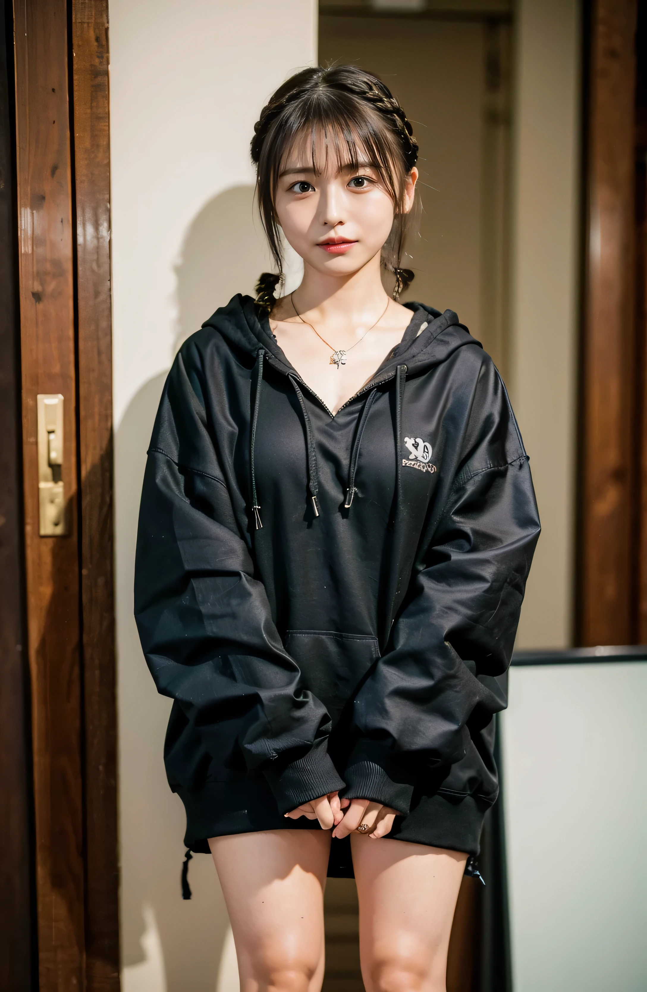 A lovely smile、Nagoya street corner、Full body photo、ring、Black hoodie、black hoodie.Tuck your hair behind one ear、Silver Necklace、smile、 elegant ponytail、Caustics、Highly detailed photos、Very beautiful eyeedium Short Hair}}}}.Super no makeup、(8k、RAW Photos、highest quality、masterpiece:1.2)、(Realistic、Realistic)、1 girl、((Medium Short Hair、Braided hair only for the bangs、Looking into the camera:1.4))、(())