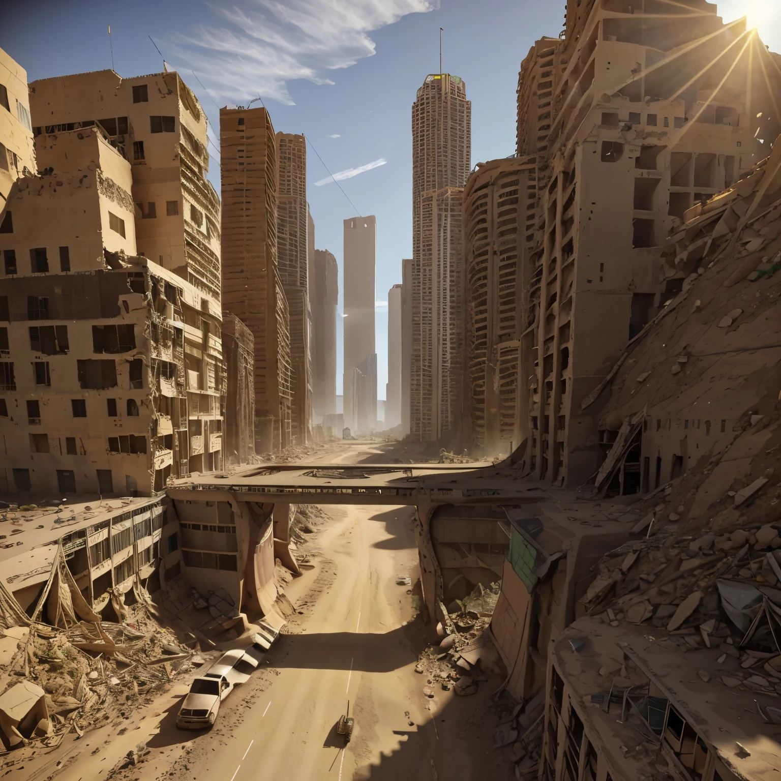 image of the view from inside a winding bridge between a tall tower in the center of a post-apocalyptic North American canyon and another building, view of the entire desert, there is a reinforced concrete walkway connecting one building to another on the horizon, o deserto tem canyons no horizonte, tall buildings on the horizon and everywhere, has smoky structures, carros abandonados nas ruas, desert megalopolis, tall buildings and collapsing to the ground, many destroyed buildings around, sol da tarde, orange sky, visible sun setting, sunset in the sky, sol poente visivel no horizonte alaranjado, TEM UMA GAROTA VESTIDA COM CAPUZ ANDANDO NA RUA, as realistic as possible, As detailed as possible, as realistic as possible, ultra realismo