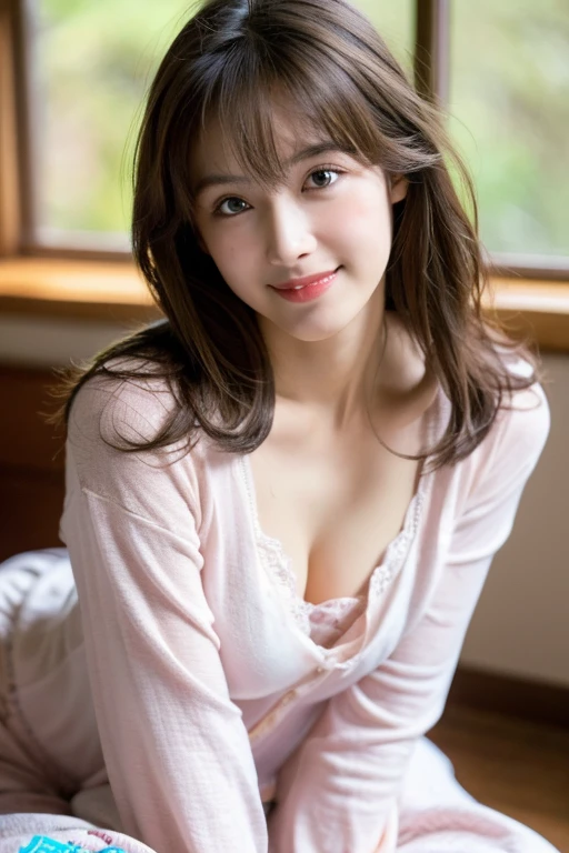 Tabletop, highest quality, figure, Super detailed, finely, High resolution, 8K Wallpaper, 完璧なダイナミックな構figure, Detailed and beautiful eyes, In pajamas,Medium Hair, Center of chest, Natural color lip, Random sexy poses,smile,Bedroom,Ridiculous,It's ridiculous