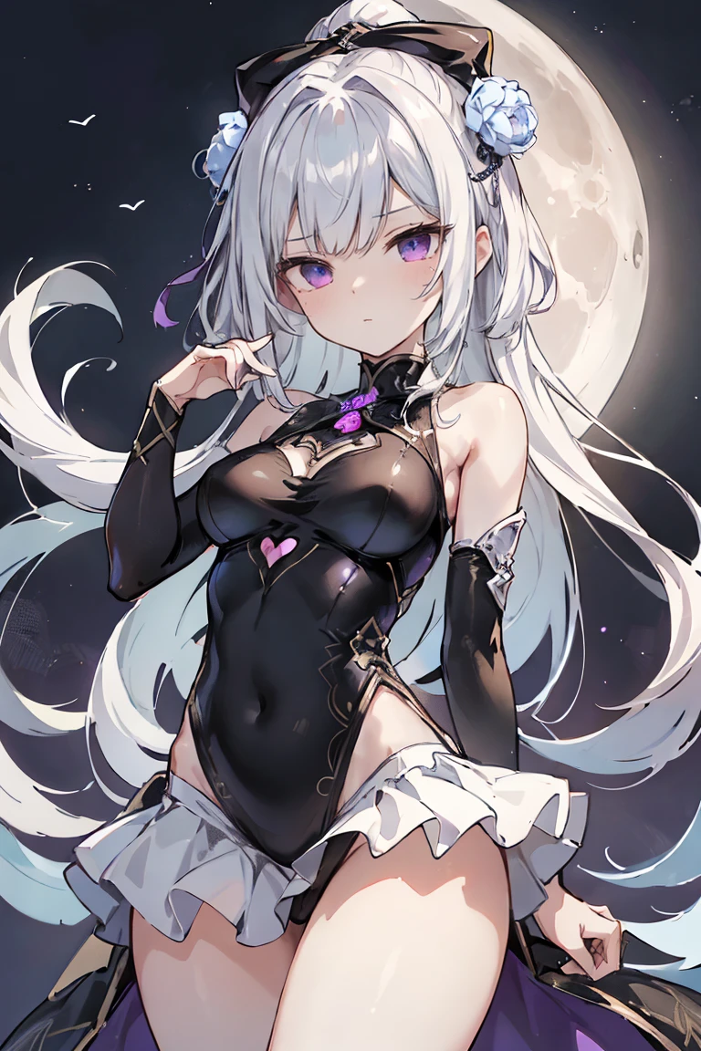 1girl, anime, cute girl, blank background, white background, fantasy, detailed fantasy dress with highlights, beautiful face, beautiful eyes, dark colors, black hair with multicolor streaks, red eye with different color pupil in eye, multicolor eye, , slight cleavage, beautiful skin, cute,  curtains, extremely delicate and beautiful, (beautiful detailed face:1.0), (detailed deep eyes), symmetrical , deep eyes, shiny skin, portrait, slender waist,  wider than shoulders, thighs, expressionless, young girl, luminous eyes, adorable，（Kpop idol）,（aegyo sal：1），（Platinum blonde hair：1），（（puffy eye）），Black panty，sexy posture，Superskirt, Ultra-high resolution，Black collar，slim figure, Abdominal y tattoo,  tattoo，Tight-fitting leg ring，y tattoo on half-body，Bare skin, Armored hand，Hidden fingertips，Hand covered，Arm covered，Fist covered,{{beautiful detailed fingers}}, tufts of hair, moderate beautiful :1.0,(masterpiece:1.2), best quality, high-res, HDR, perfect face, intricate armor, delicate blue filigree, intricate filigree, red metalic parts, detailed part, dynamic pose, dynamic lights, cute face, neutral expression, shuimobysim, lotus, hanfu, maxi skirt, dress conservatively 1girl, solo, long blue hair, standing, One lady,14years,((White hair) ,((Normal )), (Shiny purple  with microskirt),((Fantasy, Moon Night))