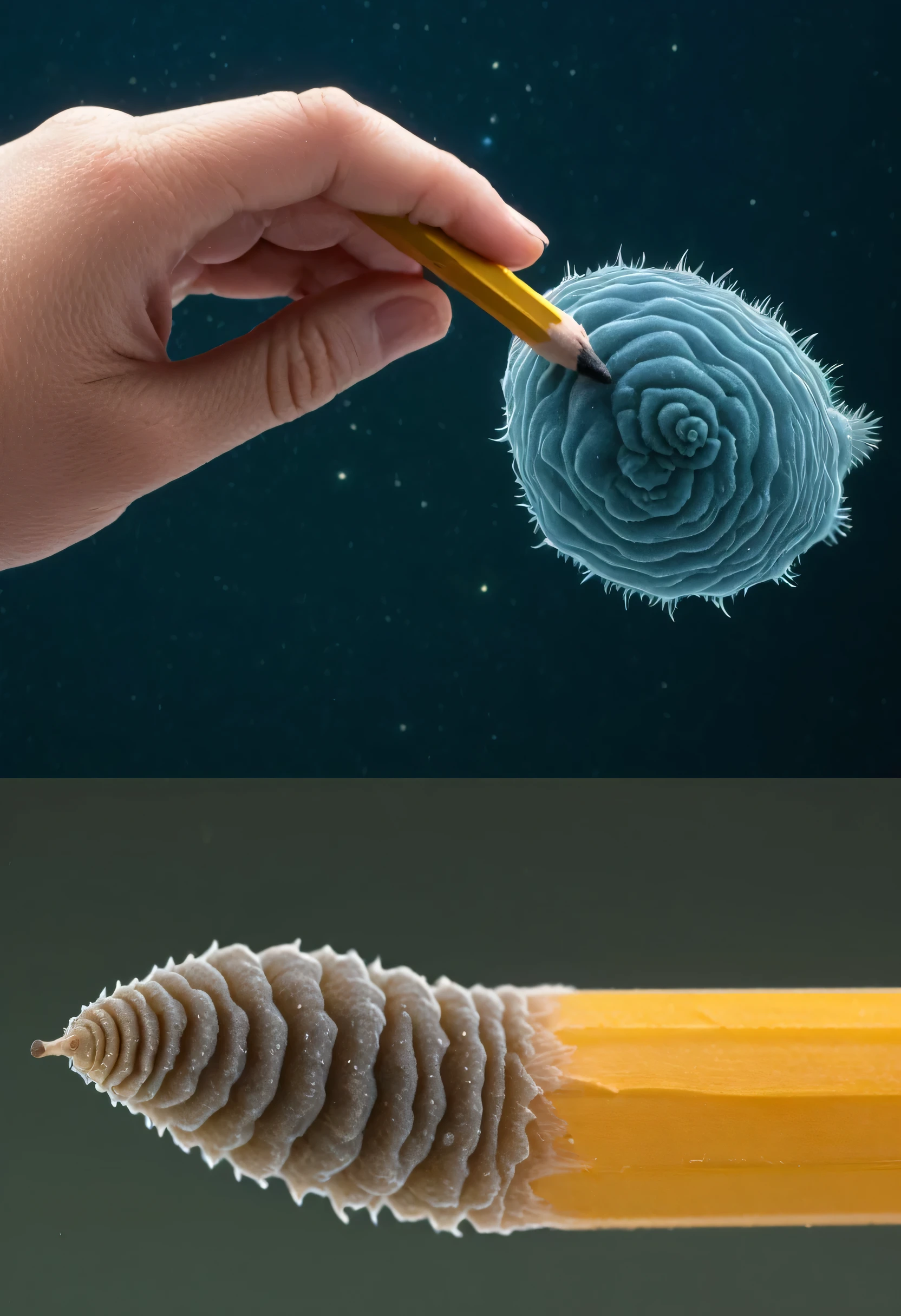 Visual comparison of the size of a tardigrade with the tip of a pencil or human finger.