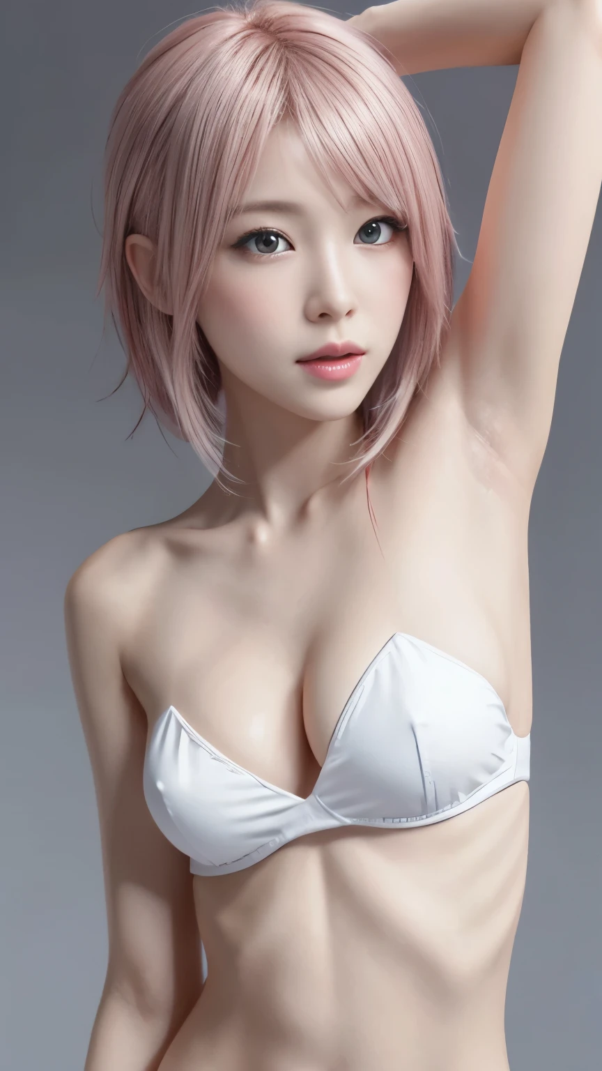 1 woman with pink hair and a strapless micro bikini 1:4, Close-up of face:1.5、Showing bare armpits:1.5、Extremely small and flat chest:1.3、Small breasts、Anime realism style, Unreal 5. RPG Portrait, cgsociety portrait, Realistic art style, Smooth anime CG art, Photorealistic anime girl rendering, Realistic anime 3D style, Loss Draw 1. 0, Realistic 3D animation, ArtJam ; 3D Unreal Engine, Realistic anime art style，Solid gray background，