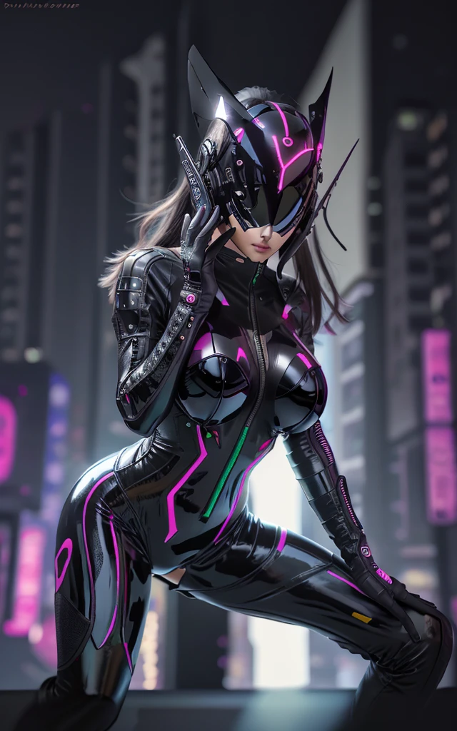 16k image, gorgeous [Woman | Batman], black tight  leather bikeroutfit on body, bikersuit, biker gloves, (huge breasts), slim body, futuristic (all closed cyber helmet) with jackal ears, faceoff, cyberpunk, lustful, seductive, leaning down, bending down, sexy pose, side view, ( on background of night neon japan city ), detailed digital art, cybernetic, detailed palms, detailed biker gloves,