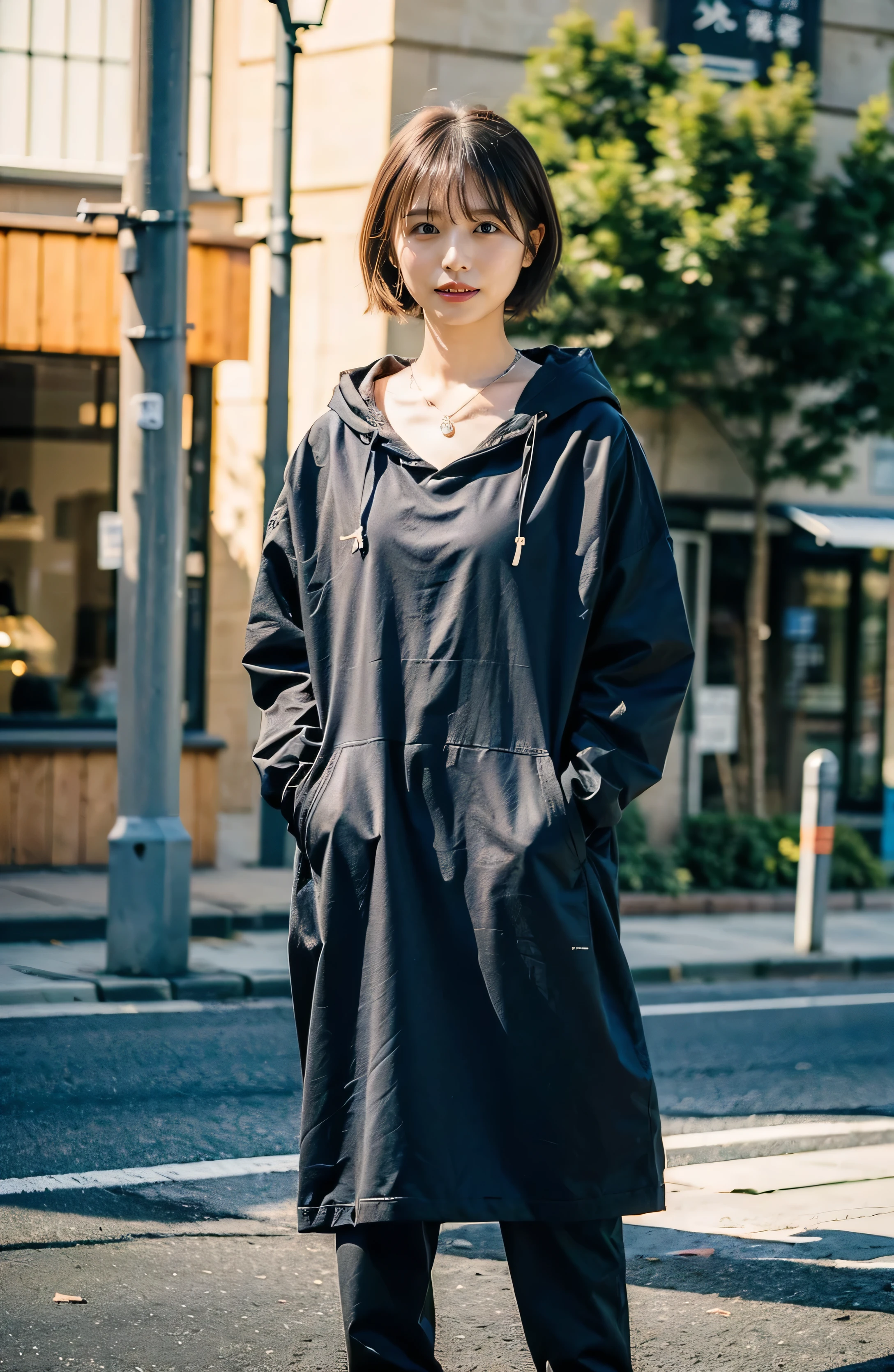 A lovely smile、（（Nagoya street corner））、Full body photo、ring、Black hoodie、black hoodie.Tuck your hair behind one ear、Silver Necklace、smile、 elegant ponytail、Caustics、Highly detailed photos、Very beautiful eyeedium Short Hair}}}}.Super no makeup、(8k、RAW Photos、highest quality、masterpiece:1.2)、(Realistic、Realistic)、1 girl、((Medium Short Hair、Looking into the camera:1.4))、((Hair blowing in the wind:1.4))
