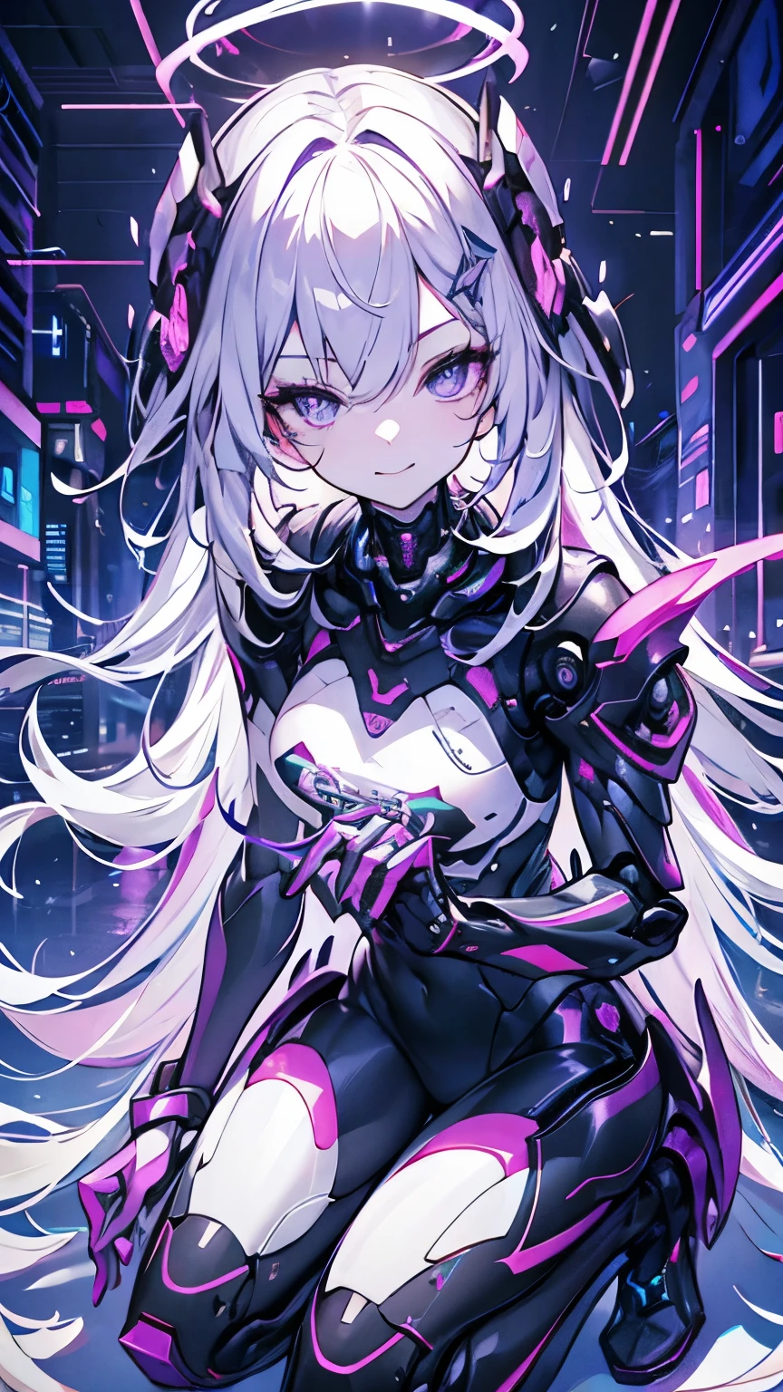 silver hair, hair between eyes, sidelocks, facepaint, hairpods, purple eyes, nervous smile, cinematic lighting, UHD, (super detail), high quality, best quality, ((masterpiece)), Cyberpunk, cyberspace, countless colorful rays, female android, mechanical body, ((Full body portrait)), (get down on one knee), bending down