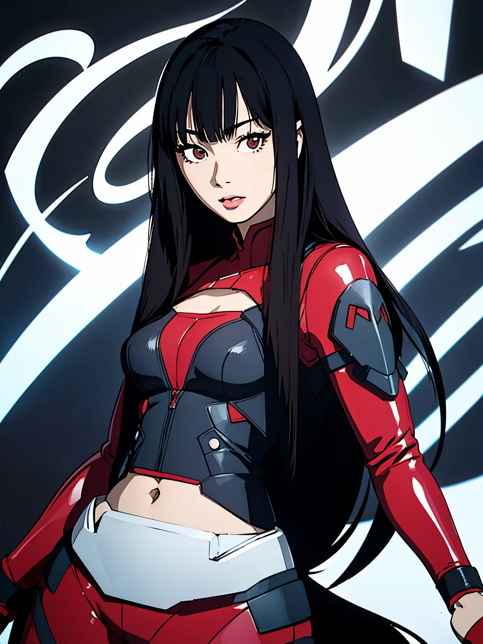 digital art drawing, illustration of (anime girl, long black hair with bangs, brown eyes, flat chest, confident look, black and red latex suit, tactical vest), anime drawing/art, bold linework, illustration, digital art, masterpiece, flat illustration, no shadows, 8k resolution, high detail, vector art, only anime, perfect eyes, perfect hands, perfect fingers, sharpness, high clarity, medium close up, high fidelity
