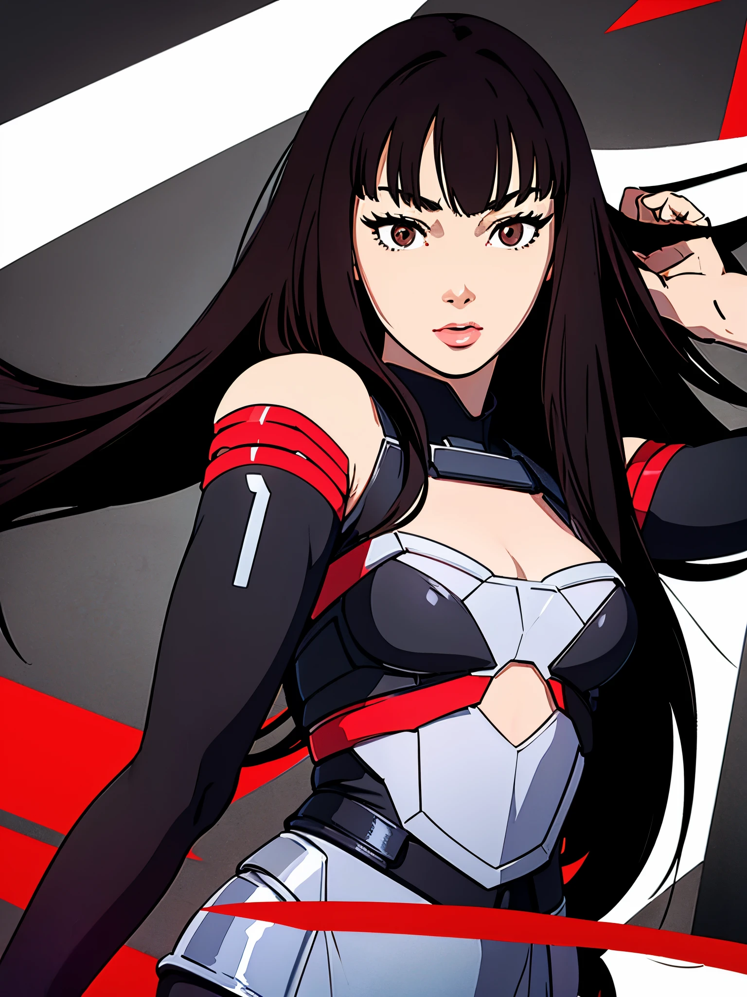 digital art drawing, illustration of (anime girl, long black hair with bangs, brown eyes, flat chest, confident look, black and red latex suit, tactical vest), anime drawing/art, bold linework, illustration, digital art, masterpiece, flat illustration, no shadows, 8k resolution, high detail, vector art, only anime, perfect eyes, perfect hands, perfect fingers, sharpness, high clarity, medium close up, high fidelity
