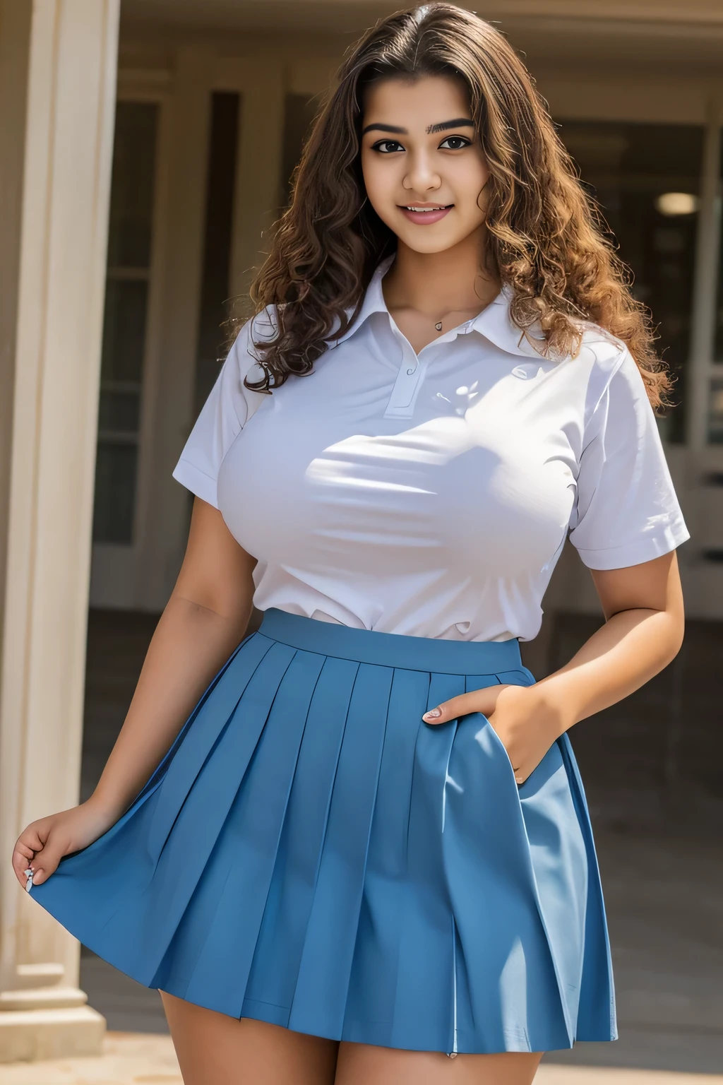  Random outdoor photo of 19yo  in school school photo in school masterpiece, (photorealistic:1.7), best quality, beautiful lighting, Eleanor Marathi Woman 20yo Old Big Breasts Plus Size Model extremely high Bun long extreme curly hair Lifts Skirt Up Raised Skirt