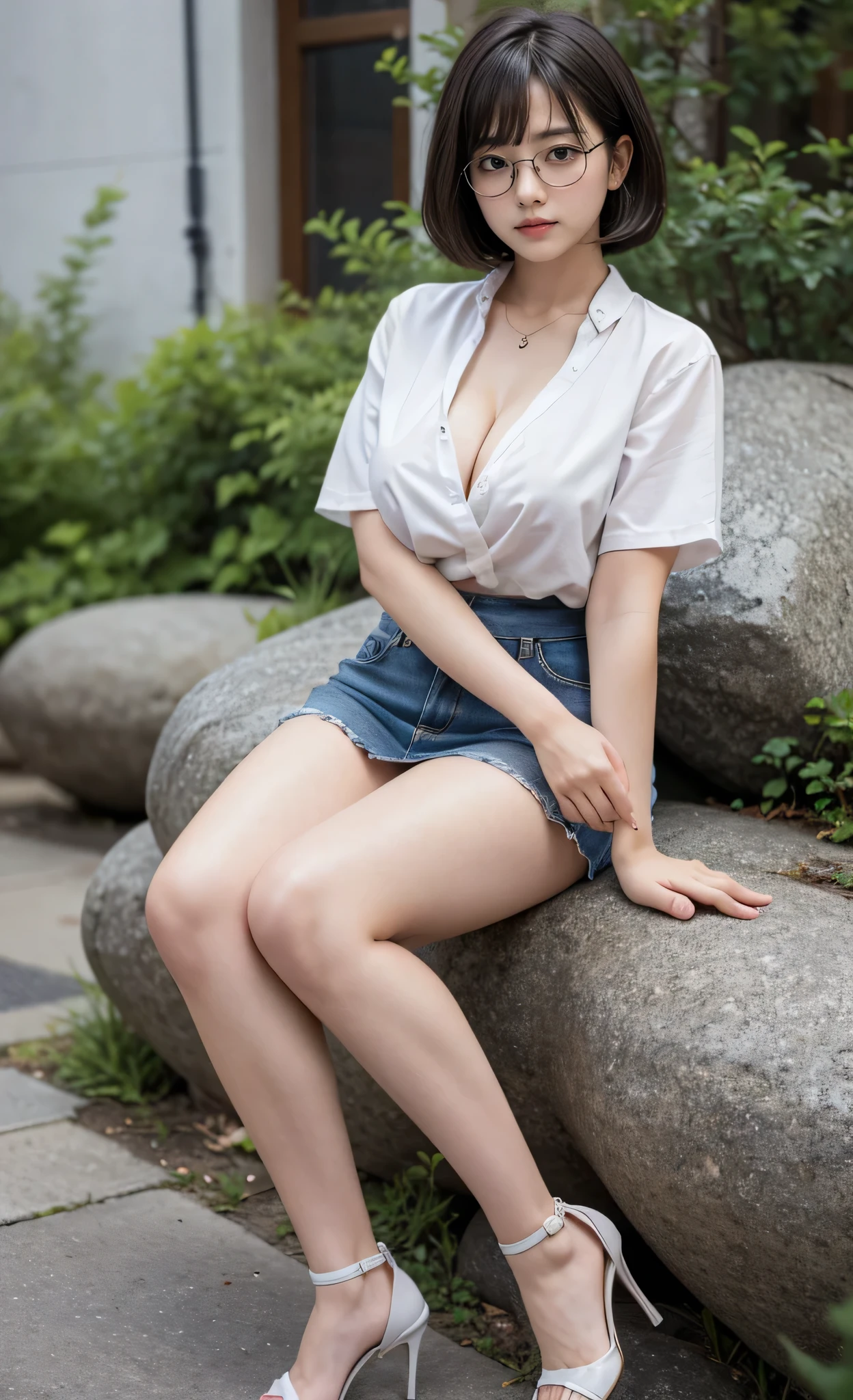 detailed_background, realistic, 1girl, looking at the viewer, sitting on the rock, nighttime, alley, eyeglasses, blushes, bob_cut, bangs, white short sleeve blouse, cleavage, big_boobs, small waist, denim mini skirt, bare legs, thighs, thicc_thighs, highheels, side view, view from below,