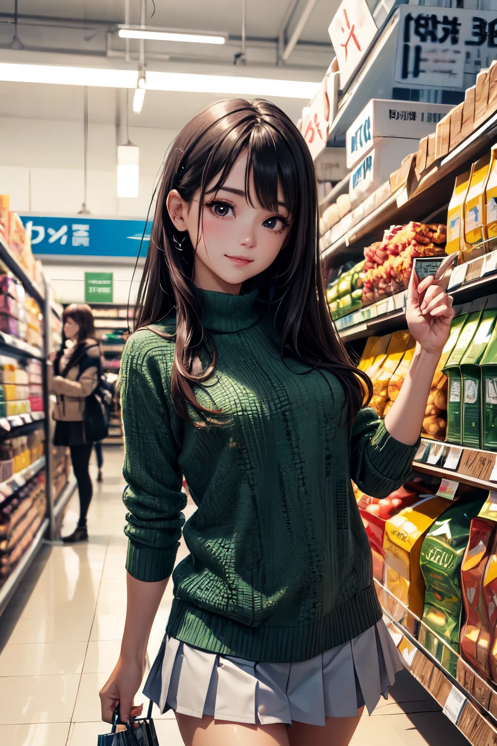 very cute and beautiful girl,(highly detailed beautiful face and eyes),
(smile),happy,looking at viewer,(green sweater),cowboy shot,pleated black mini skirt,
shopping in supermarket,black hair,
(best quality,masterpiece),absurdres,highres,ultra-detailed,extremely detailed,32k,8k resolution,
intricate details,cinematic scene,detailed background,solo,dynamic angle,aesthetic darkbrown eyes,