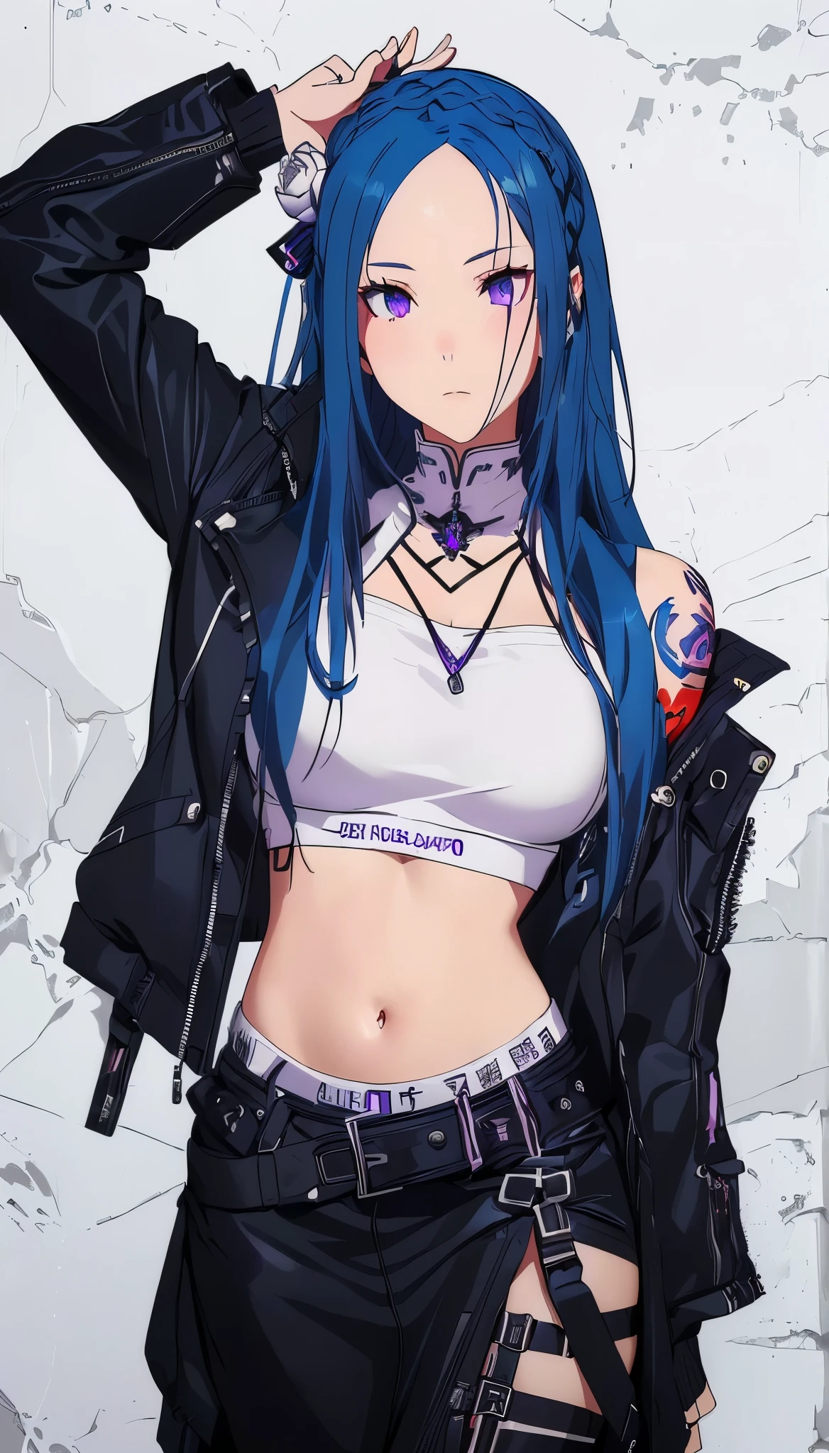 Emilia re:zero, purple eyes, Emilia, crown braid, x hair ornament, flower hair ornament, white hair, long hair, medium breasts, navel piercing, tattoos, midriff, a close up of a woman with blue hair wearing a black jacket, realistic artstyle, anime style. 8k, anime styled, edgy, anime vibes, goth girl, cyberpunk girl, artwork in the style of guweiz, urban girl fanart, goth girl aesthetic, anime inspired, cyberpunk anime girl, anime style character, goth aesthetic
