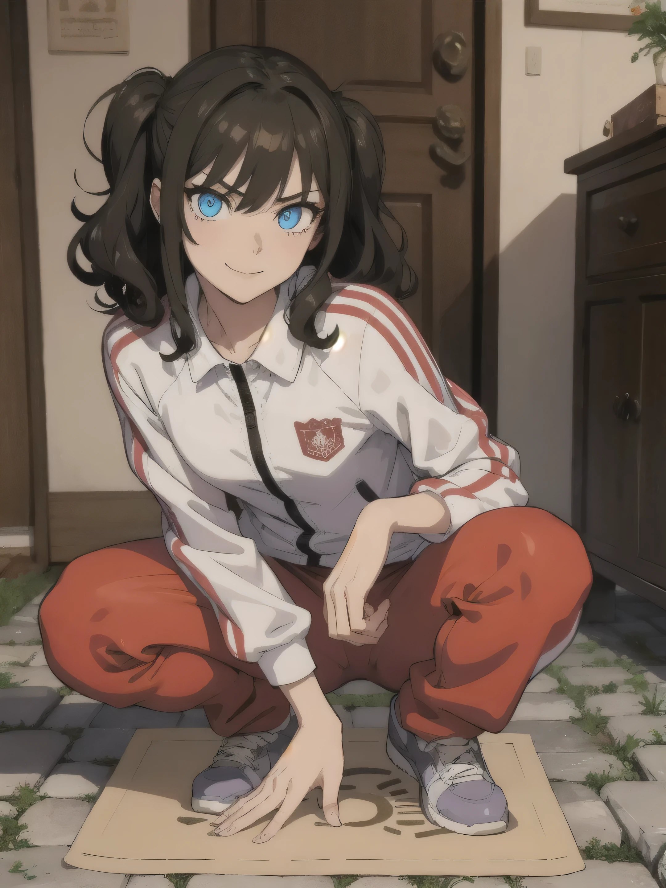 1girl, angry, curly hair, looking at viewer,(beautiful detailed blue eyes), (Persona:1.2),squatting, spread legs,(amagi_yukiko), (over size Colorful track suit pants), (hand on hips), line off, smile, (Bend your waist), (((highlight in eyes))), (((small mat))), (((Narrow gravel road))), (thick outline), Sand road, ((Crouch on the doormat)), (from below), (glowing eyes), ((Lean back))
