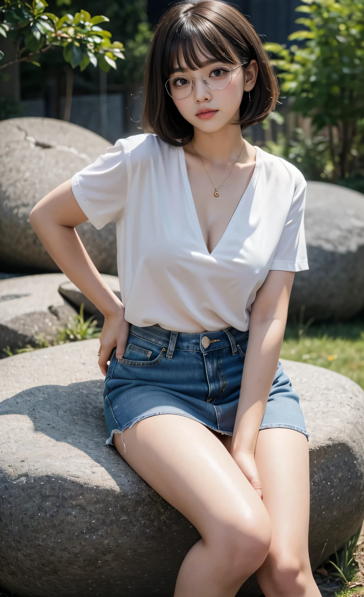 detailed_background, realistic, 1girl, looking at the viewer, sitting on the rock, nighttime, alley, eyeglasses, blushes, bob_cut, bangs, white short sleeve blouse, cleavage, big_boobs, small waist, denim mini skirt, bare legs, thighs, thicc_thighs, highheels, side view, view from below,