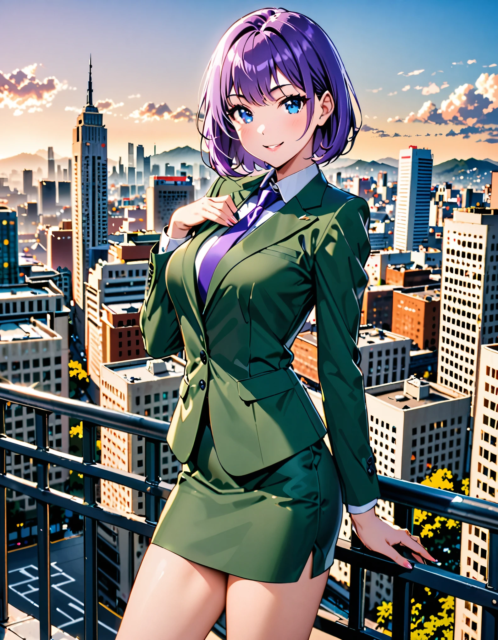 masterpiece, best quality, highres, 1girl, solo, green suit and tie, pencil skirt, miniskirt, bare legs, matching shoes, looking at viewer, city backdrop, perfect hands, perfect eyes, perfect legs, perfect arms, perfect fingers, medium breasts, standing, purple hair, short hair, bob hair, blue eyes, standing, smile, full body with costume, :d