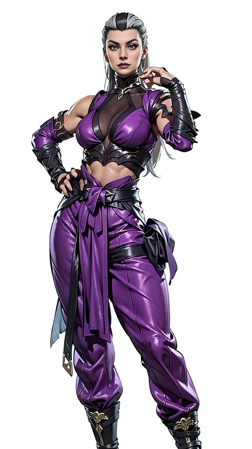 Mortal Kombat 11: Aftermath, elegant and flawless face, Sindel, gray hair, Sidel hair, long hair pulled back, long hair slicked back, multicolored hair.(( Wearing a nightgown)). semi-transparent. (It is a luxury suite that boasts richness and elegance). (Dark night sky with stars), Dynamic Posture, imposing expression, air of superiority, glamorous, arrogant