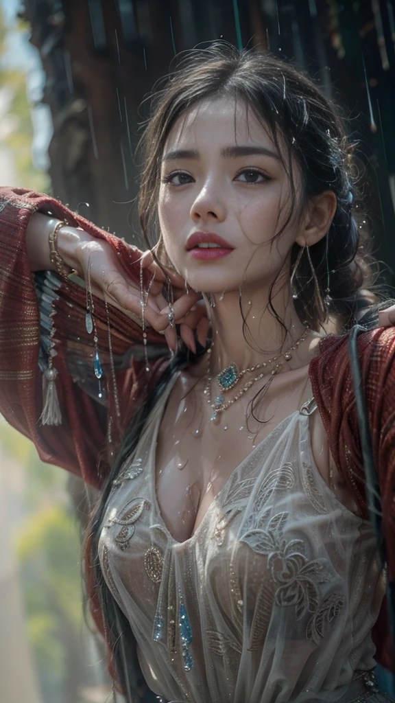 (RAW shooting, Majestic:1.3, 32k:1.5, highest quality, masterpiece, Ultra-high resolution), Perfect dynamic composition:1.3, (heavy snow, On the Cliff:0.7, Majestic背景:0.7, Expressions of sadness:0.9), Highly detailed skin and facial textures:1.3, Wet slim woman:1.0, Random Shot, Fair skin:1.2, Mystical Expressions:1.0, Incredibly slim body:1.2, Fractal Art:1.1, Very beautiful face:1.1, Water droplets on the skin, (Rain drips down on my body:1.1, Wet body:1.1, Wet Hair:1.1), (Standing Pro:0.8, With a wet bouquet:0.9, Beautiful red maxi dress portrait:1.0, Woven Belt), Shapely breasts, (Big eyes that exude beautiful eroticism:0.5, Lips that exude beautiful eroticism:0.5), I love you, Very sweet atmosphere, necklace, Earrings, bracelet