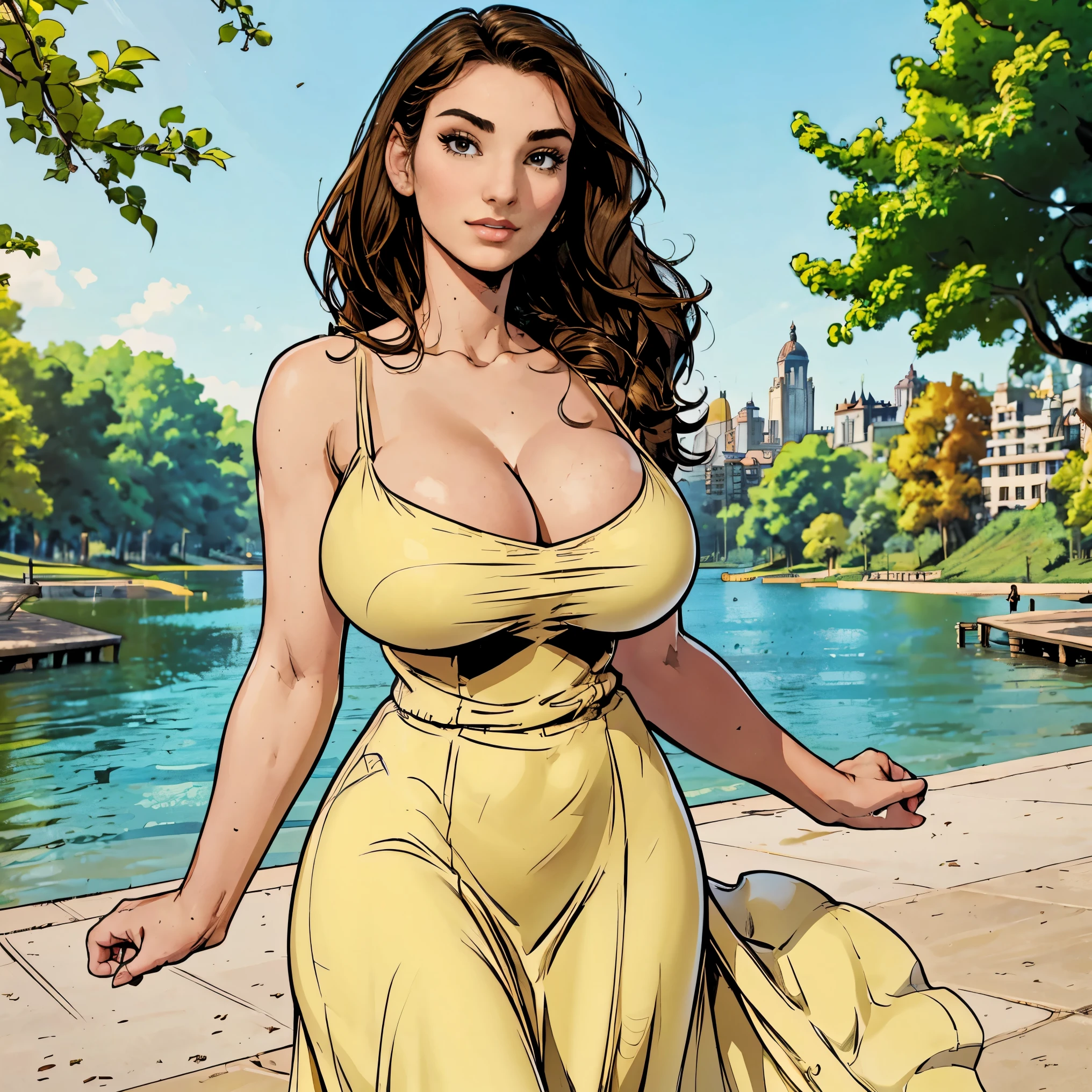 Gorgeous and sultry busty athletic (thin) brunette with sharp facial features and a (large nose) and (huge boobs) wearing a pale yellow sundress, long dress, skindentation, cleavage, park, lake, picnic