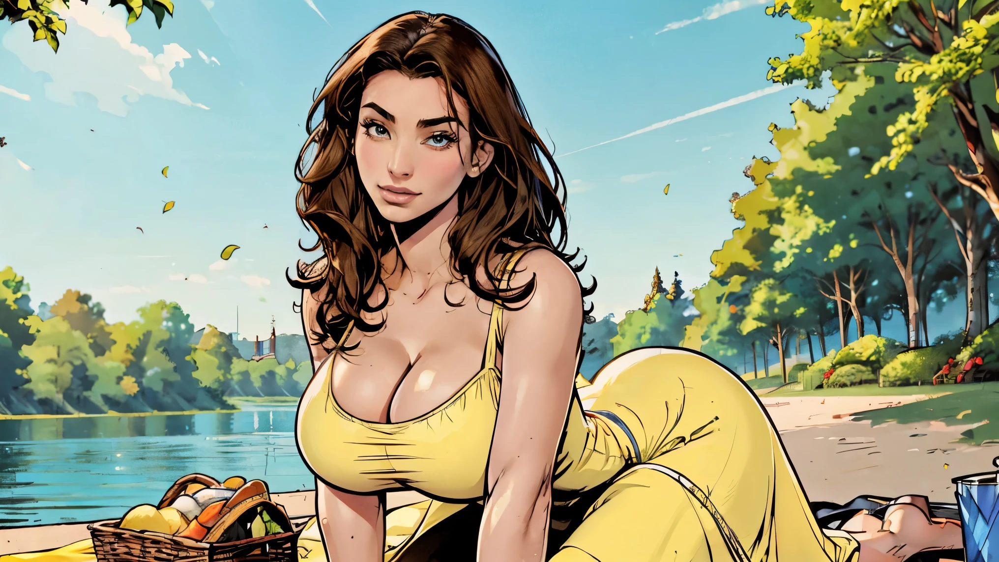 Gorgeous and sultry busty athletic (thin) brunette with sharp facial features and a (large nose) and (huge boobs) wearing a pale yellow sundress, long dress, skindentation, cleavage, park, lake, picnic