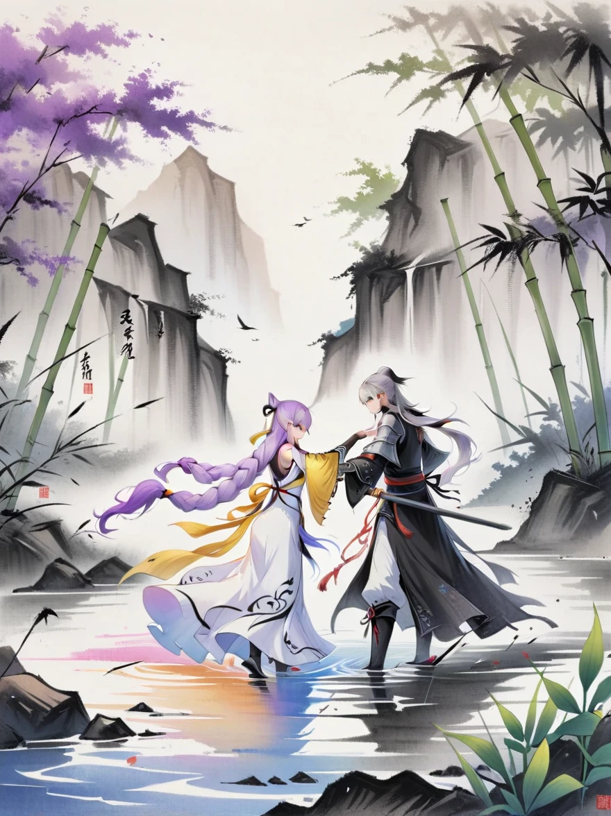 (1yj1)，Ink Painting，1girl，1boy，(Swords intersect)，Face-to-face combat，Purple Hair，Purple Eyes，Long hair，Gray hair，Ponytail， A couple on the water，Wearing exquisite Chinese Tang Dynasty Mingguang armor，Behind is a bamboo forest，sword，landscape，Ultra HD resolution，Freehand style，majestic，Natural light，Cavaliers Focus, (The work should transition from the black and white pencil drawing style on the left half to the bright colors on the right half, ensuring that the two halves blend seamlessly without any dividing lines. Shown with detailed black and white pencil strokes on the left and filled color on the right, creating a harmonious blend throughout the image)