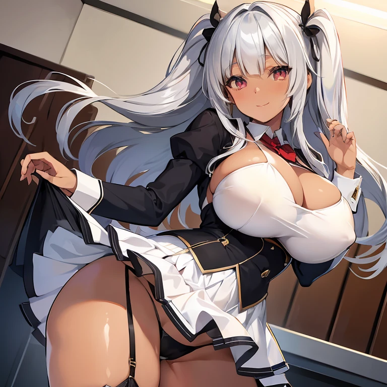 Expressive eyes, (((1 girl))), ((anime)), (Silver Hair), ((Red eyes)),(Half closed eyes), ((very Big Breasts)), ((Firm breasts)), ((Exposed thighs)),((goddess,Angel))((school uniform)), ((Big Breasts,Turn your back)), ((Blunt bangs)), ((People with dark skin,Tanned dark skin)), ((In the classroom)), Captivating smile, Princess Cut, Shiny Hair, (masterpiece), Anatomically Correct Art, Very detailed, Advanced Details, high quality, 最high quality, High resolution, 4K, 8k, ((Micro Mini Skirt)),(((Captivating smile))),Spread your legicro Bikini,garter belt