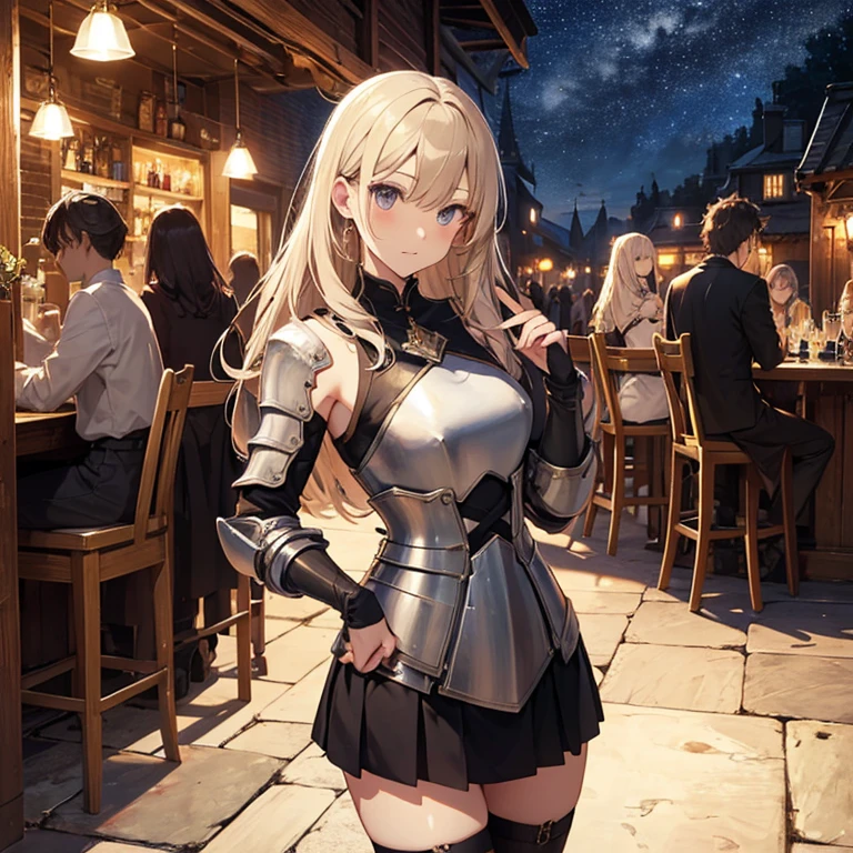 A group of young female knight, (in tavern), various hair styles, harem, wearing armored clothes, metal armor, night, details face, , short skirt, seducing, sword, sleeveless , night, starry night 