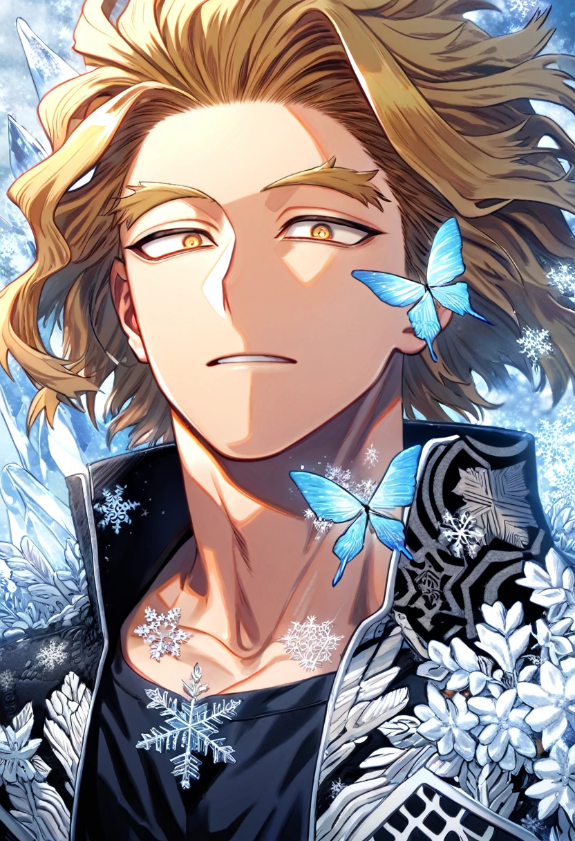 Ultra detailed, HDR, Highres, absurdres, master piece, Takami Keigo, blond hair, hawks, expressive brown-golden eyes, black coat with patterns, Boku No Hero Academia, ice butterflies, winter, ice, snowflakes, white flowers, sexy man, solo, extremely detailed face and eyes, handsome, glittering, toned chest, black shirt,