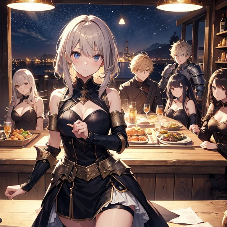 A group of young female knight, (in tavern), various hair styles, harem, wearing armored clothes, metal armor, night, details face, , short skirt, seducing, sword, sleeveless , night, starry night 
