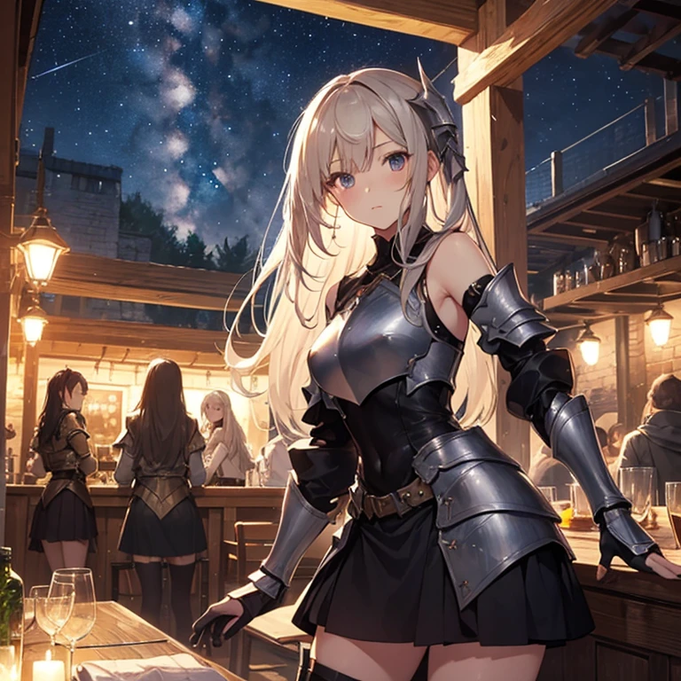 A group of female medieval fantasy adventurers, (in tavern), various hair styles, harem, night, details face, short skirt, seducing, sleeveless, armor