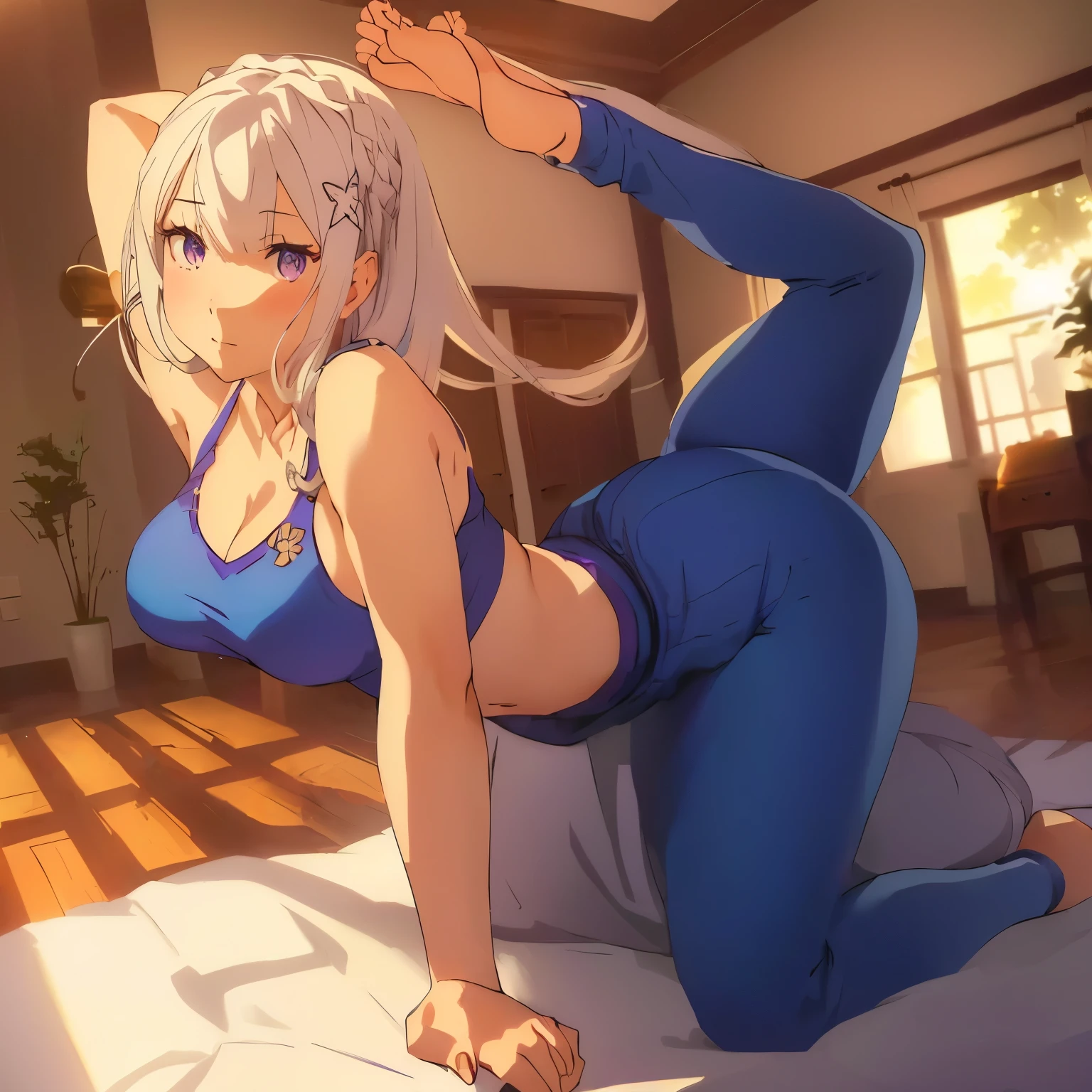 Emilia re:zero, purple eyes, Emilia, crown braid, x hair ornament, flower hair ornament, white hair, long hair, medium breasts, anime girl in blue top doing yoga pose in a room, thicc, cutesexyrobutts, commission for high res, low view, epic angle and pose, high quality fanart, strong pose, sexy pose, character is in her natural pose, relaxed pose, powerful pose, detailed fanart, bending over, chun li at the gym, doing a hot majestic pose