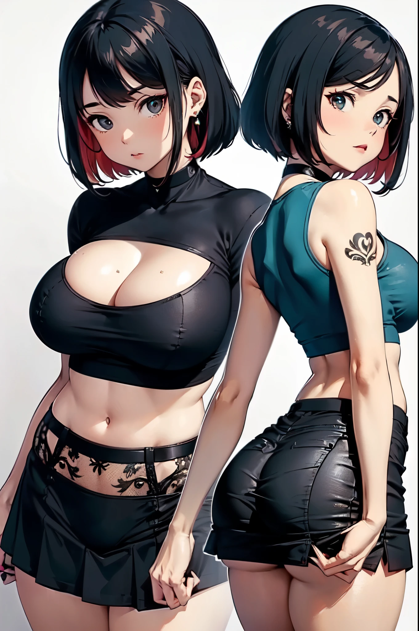 1girl, solo, best quality, expressive eyes, perfect face, bob-wig, huge breast, choker, multicolored_hair, brown eyes, adult woman, milf, (black hair:1.4, red hair ends),indifferent face, sfm, eyebrow piercing, ear piercing, navel, hanging breasts, full body shot, converse, fishnet tights, makeup, dark lipstick, knife-pleat skirt, black nails, arms tattoo, white background, open waist, (perfect symmetrical body), ((black crop top )), side view