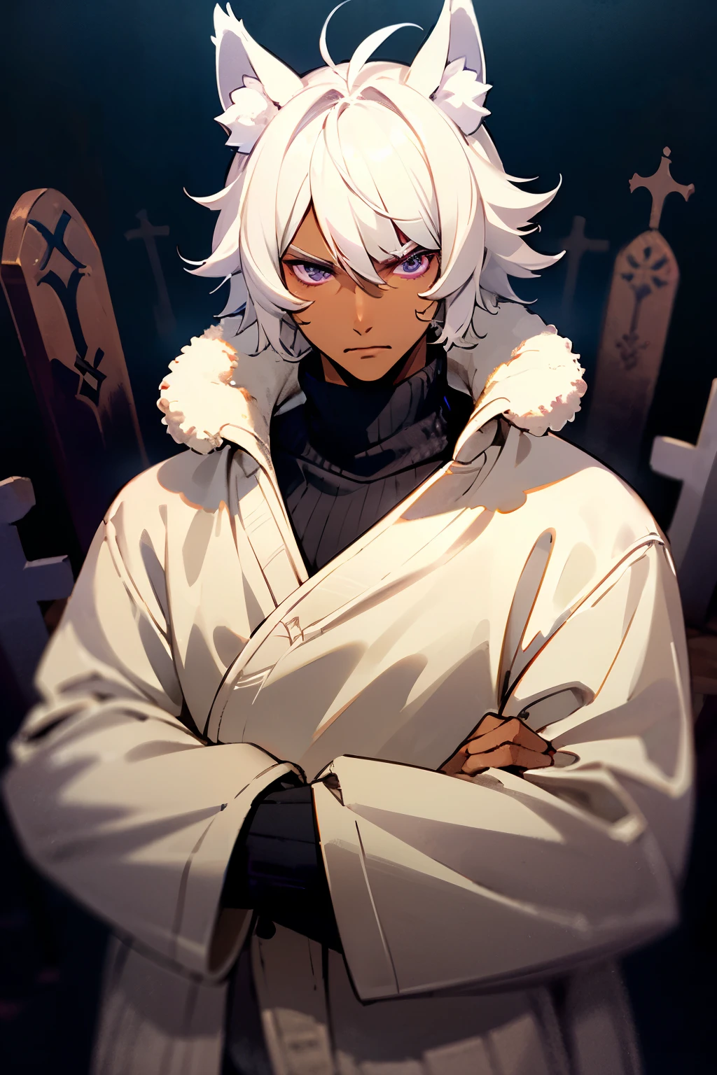 dark skin, white hair, fluffy hair, medium hair, eye wrinkles, purple eyes, sweater, large jacket, mage, wolf ears, graveyard, man, masculine, wrinkles, serious, brown skin, tan skin, male, turtleneck
