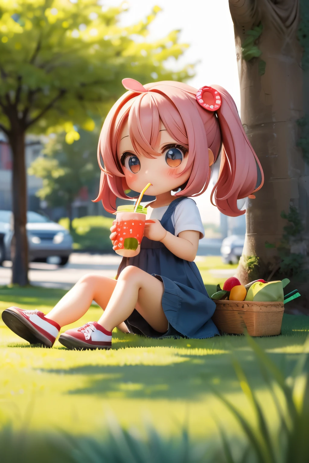 Photorealistic、Chibi Girl Doll(Drinking a fruit smoothie on the grass in the park)