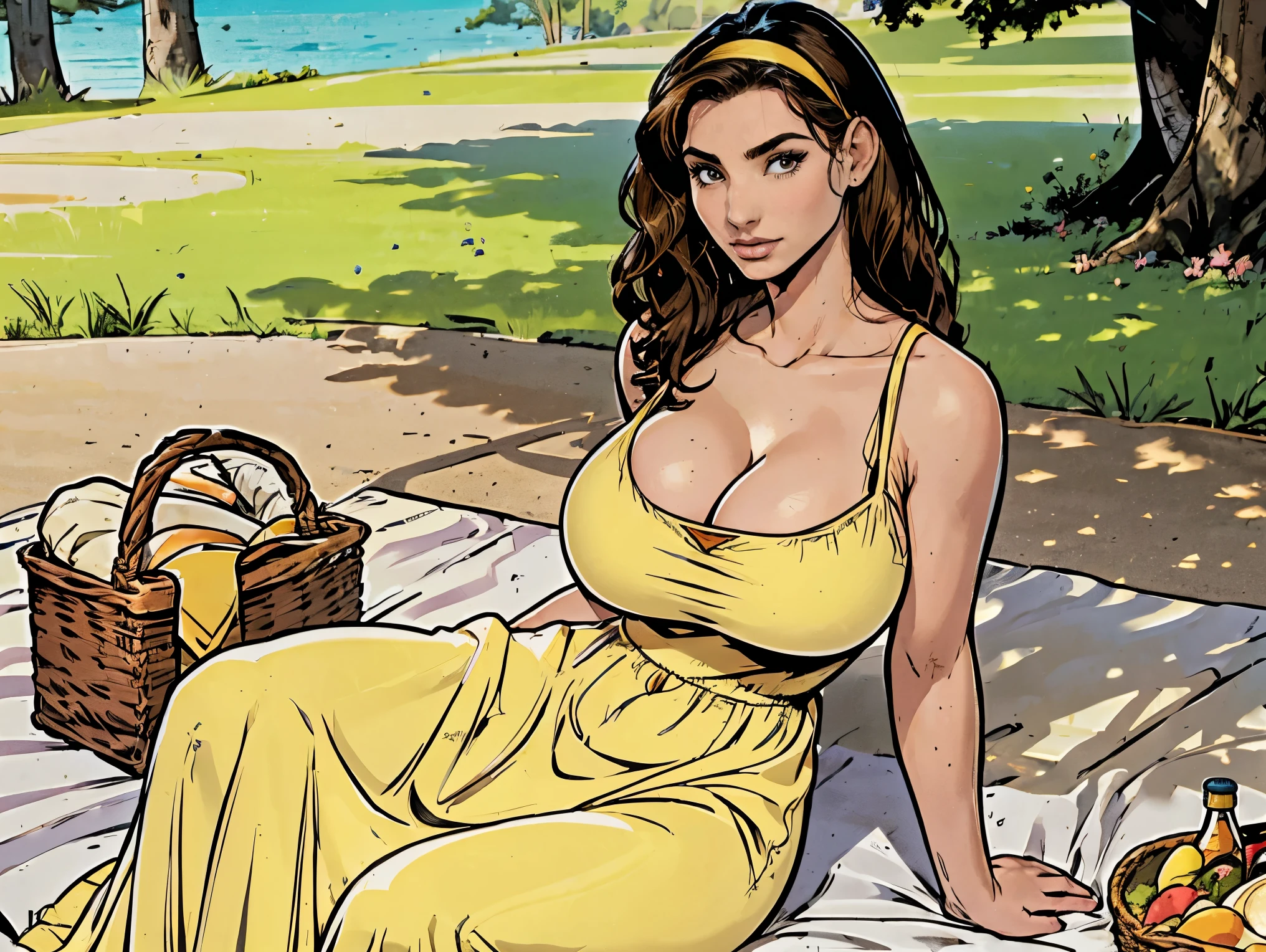 Gorgeous and sultry busty athletic (thin) brunette with sharp facial features and a (large nose) and (huge boobs) wearing a pale yellow sundress, hairband, long dress, skindentation, cleavage, park, lake, picnic