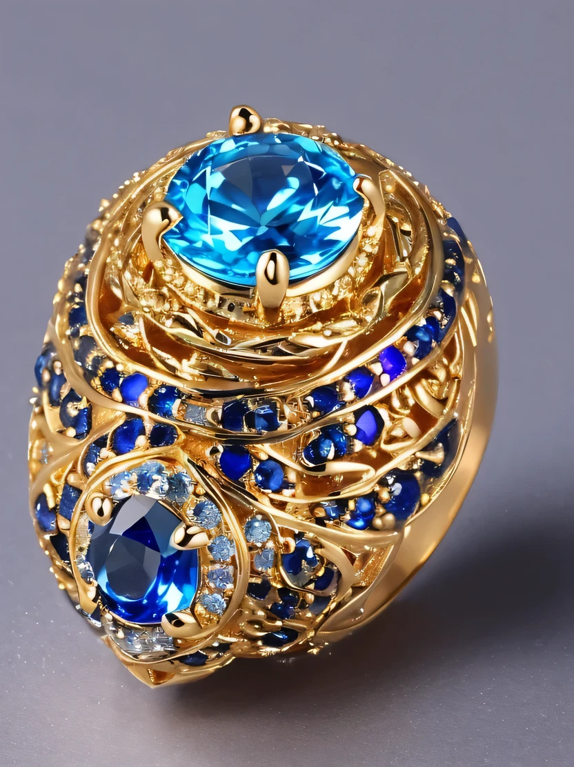 ((masterpiece、highest quality、Very detailed、High resolution、Photorealistic、Sharp focus、Cinema Lighting))、((There is no one))、One ring、Gold and silver rings、Blue Gem、Complex Pattern、Complex and unusual design、Sparkling sapphires decorate this enchanting ring、Beautiful color gradation、Background is marble table surface