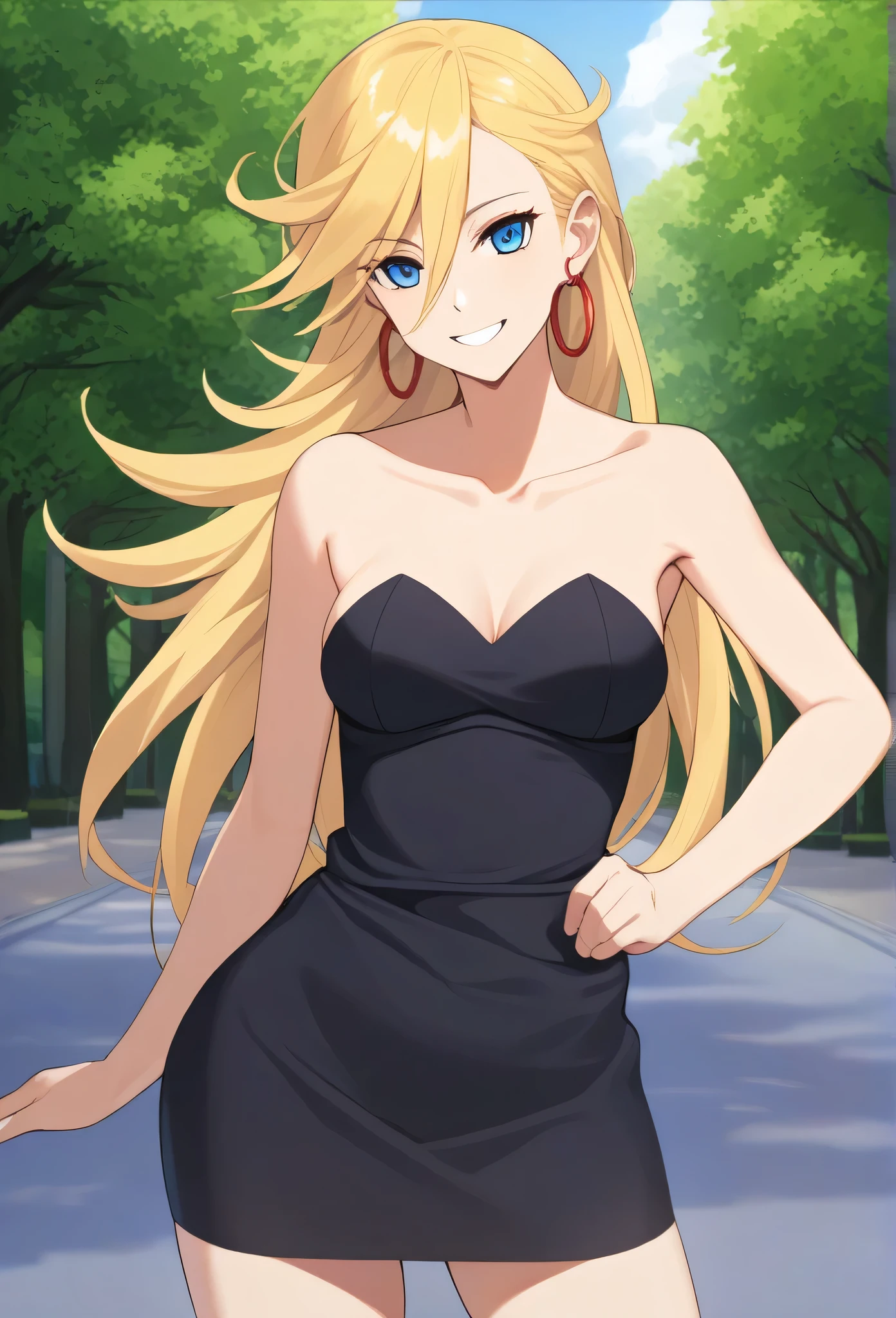 masterpiece, best quality, solo, 1 girl, psgpanty, black dress, blue eyes, long hair, blonde hair, hoop earrings, upper body, collarbone, bare shoulders, strapless, black sweetheart dress, black pencil skirt, right arm down, contrapposto, left hand on own hip, parody, smile, outdoor, standing up