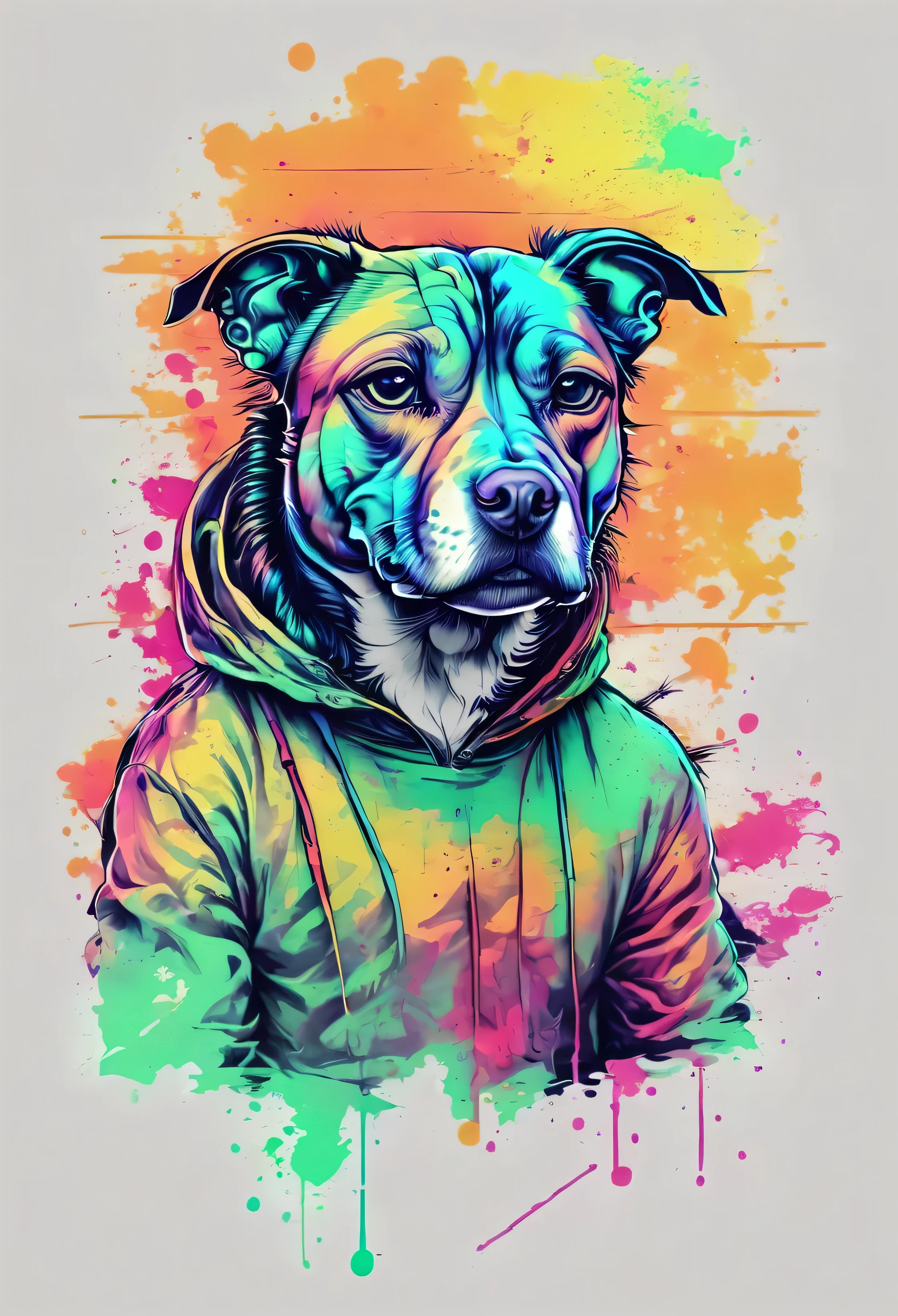 ,A beautiful masterpiece painting of a pitbull that transcends time and space、 hair, and future.、Fine Art、Spooky、wearing hoodies、Beautiful posture、beautiful colored long hair、Depth of subject、detail portrayal、masterpiece、(flat-colors:1.3)、(colorful:1.8)、