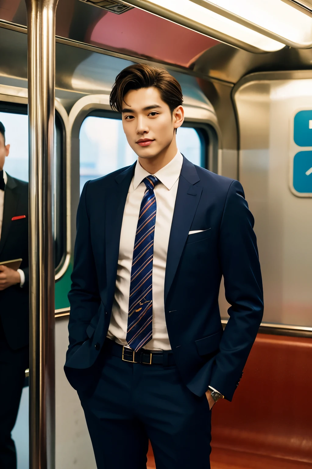 man in the subway，Standing in a subway car，Ultra-flat head，Wearing a sexy suit，huge bulge, leg apart，musculous，Handsome， pervert smirk，exhilarated，full bodyesbian，Exposing thighs， In crowded subway cars， 16k resolution , ultra-high clarity , hyperrealism , ultra hd picture , uhd , details face , details , handsome man , high quality   , nsfw , sexy , bare thighs
